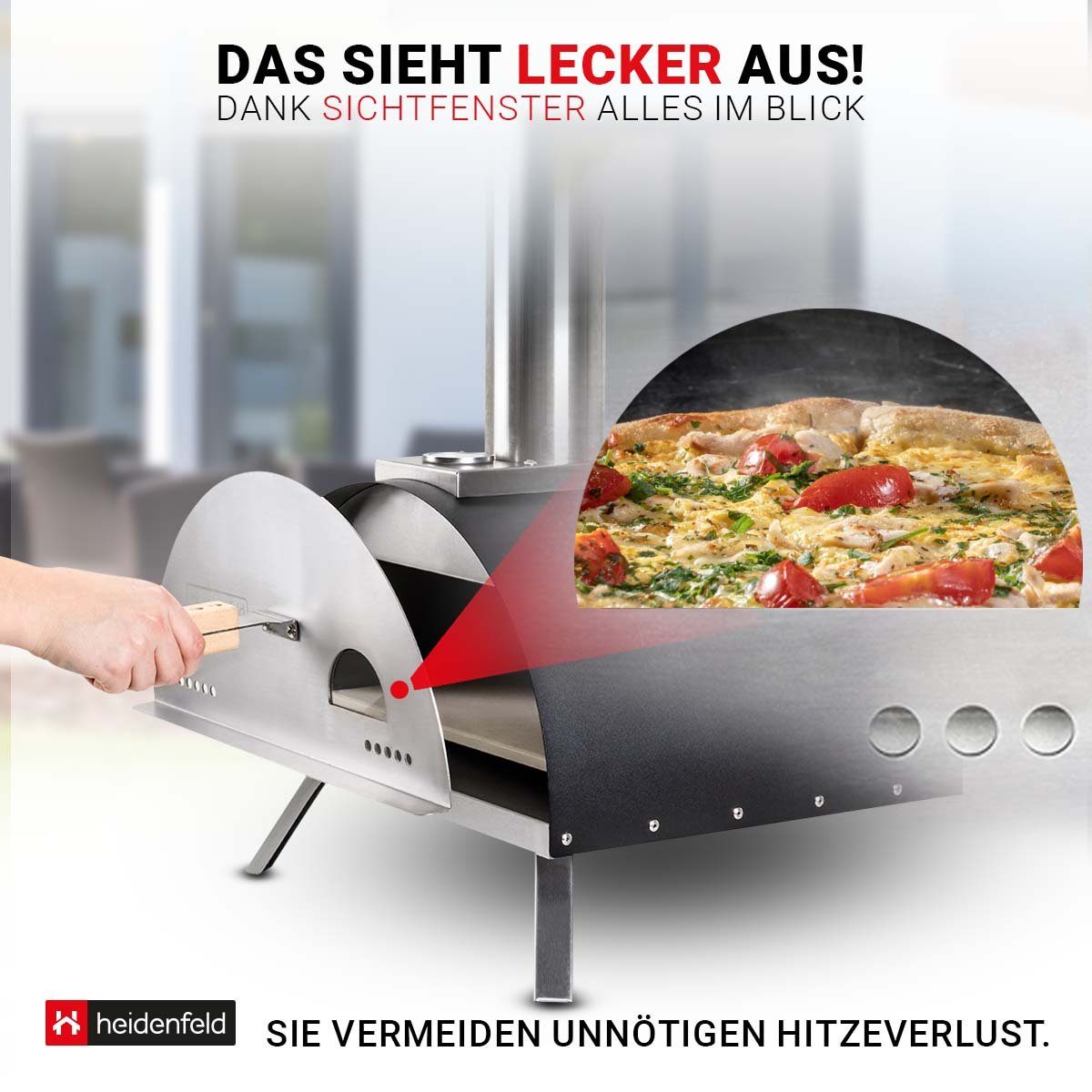 Heidenfeld Pizzaofen Edelstahl Pizza Ofen Neapel inkl. Pizzastein - bis 500°C, Pellets oder Hybrid 2in1 Gasgril - Sichtfenster - Backofen - Holzofen