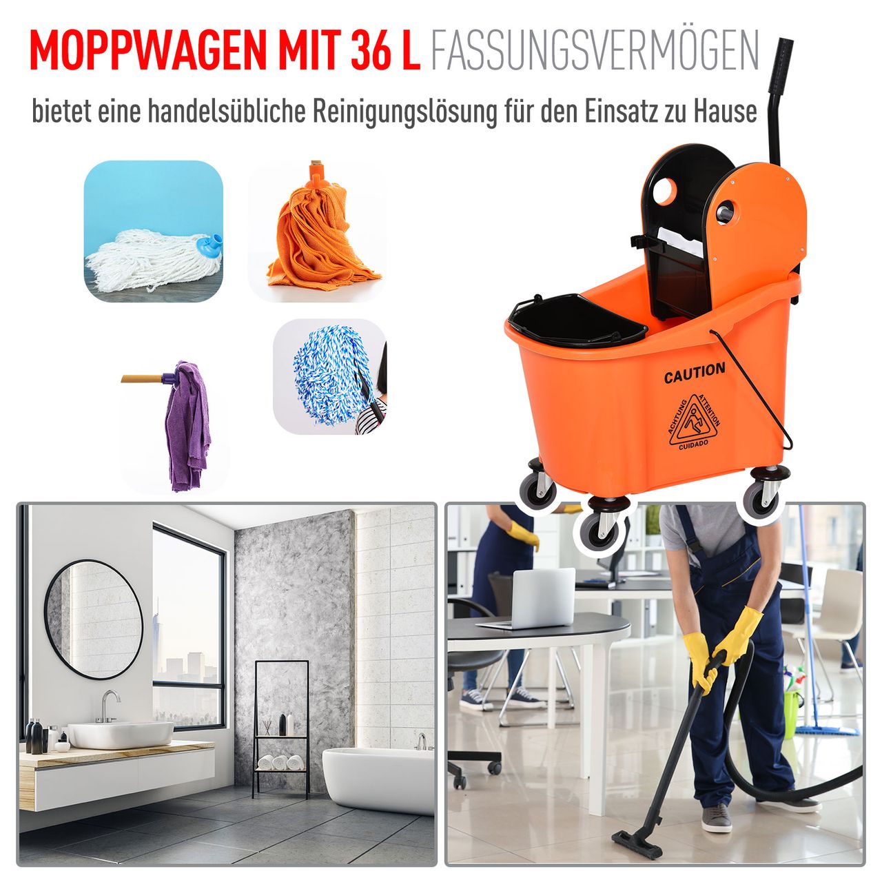 HOMCOM Reinigungswagen Fahreimer Putzeimer Wischwagen mit Auswringvorrichtung 36 Liter, Schwarz Orange, 54 x 41 x 91,5 cm