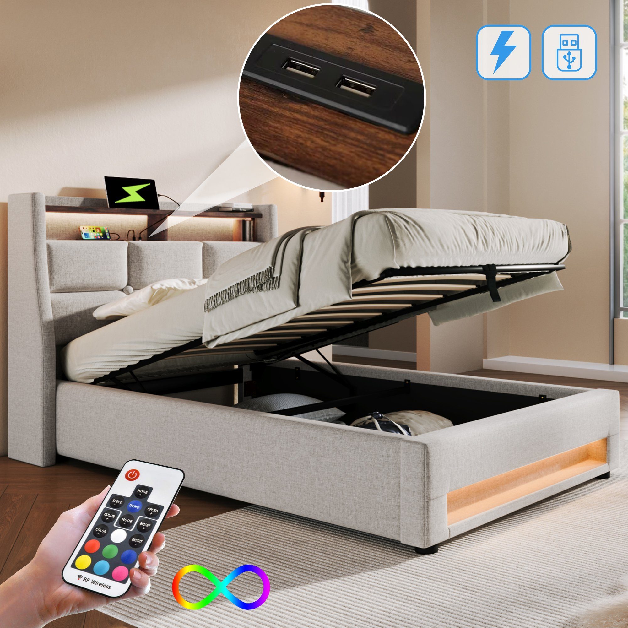 REDOM Polsterbett (LED Doppelbett Jugendbett mit USB Ladeanschluss, Jugendbett), 90x200cm, Ohne Matratze