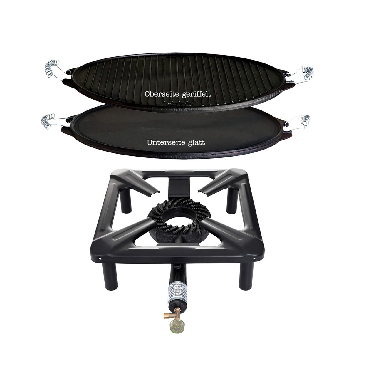 Allgrill Hockerkocher-Set (groß) mit Gusseisen-Grillplatte Ø 42 cm inkl. Zündsicherung