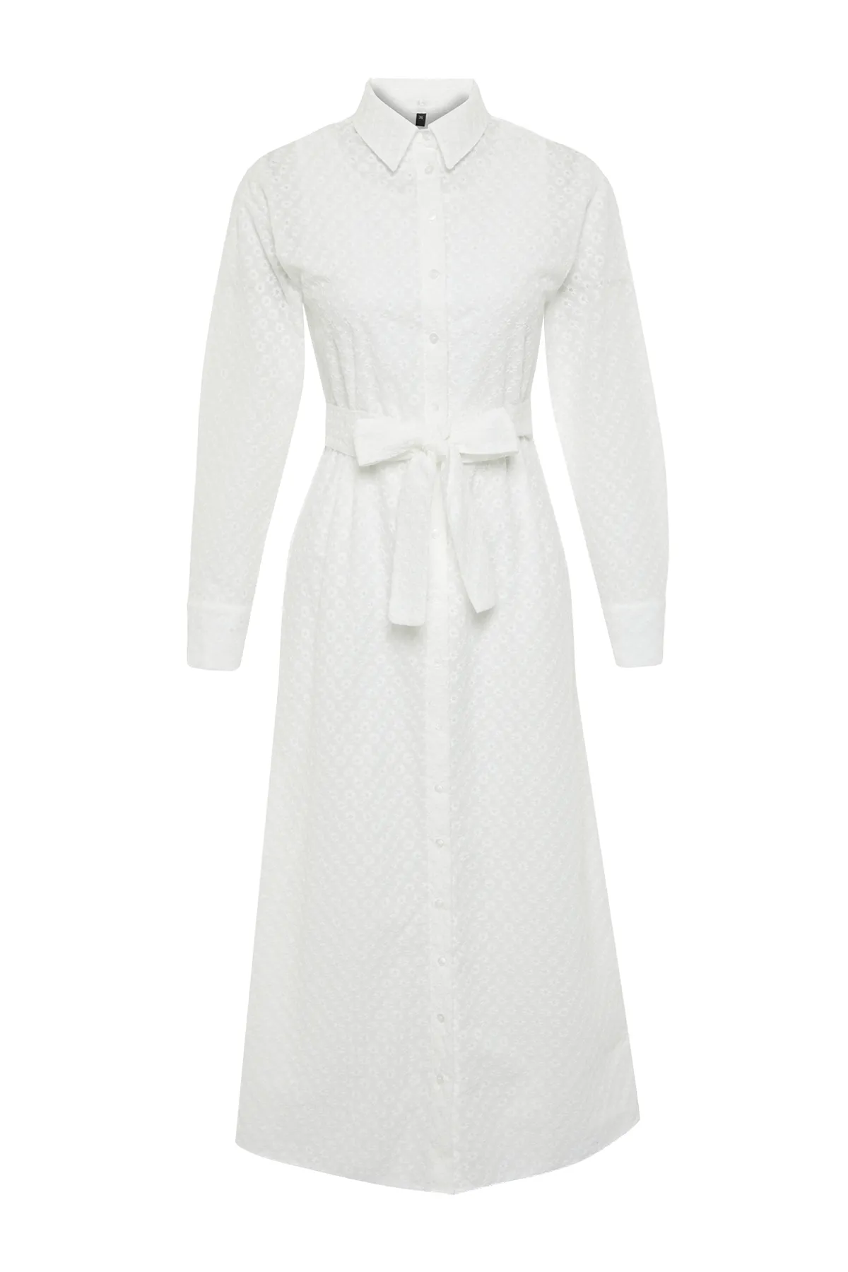 Trendyol Modest  Weißes, geblümtes, gewebtes Hemdkleid mit Gürtel, Stickerei und Futter TCTSS24EB00052
