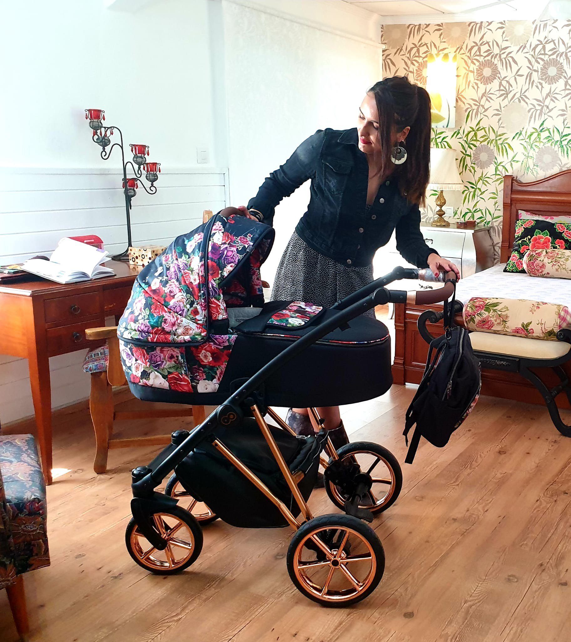 TPFLiving Kombi-Kinderwagen 3 in 1 Musse Dark Rose, Baby Buggy Babywanne Autositz Windeltasche, Moskitonetz Regenschutz Kinderwagen Komplettset Gestell Gold
