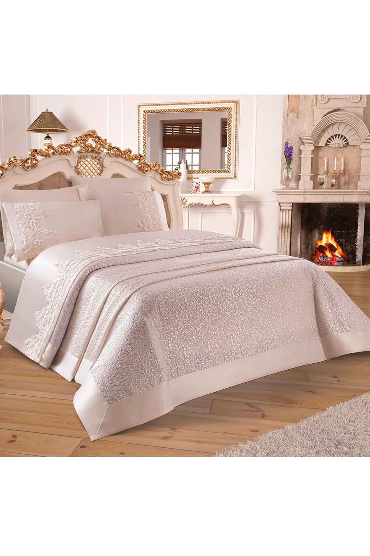 Çeyiz Diyarı  Französisch geschnürtes Diana-Piqué-Set Creme 206311