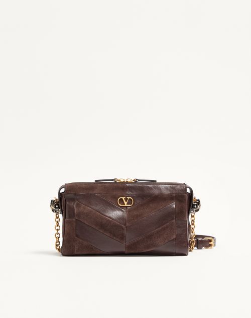 Bolsa de ombro pequena Valentino Garavani Panthea em camurça e napa com estampa chevron.