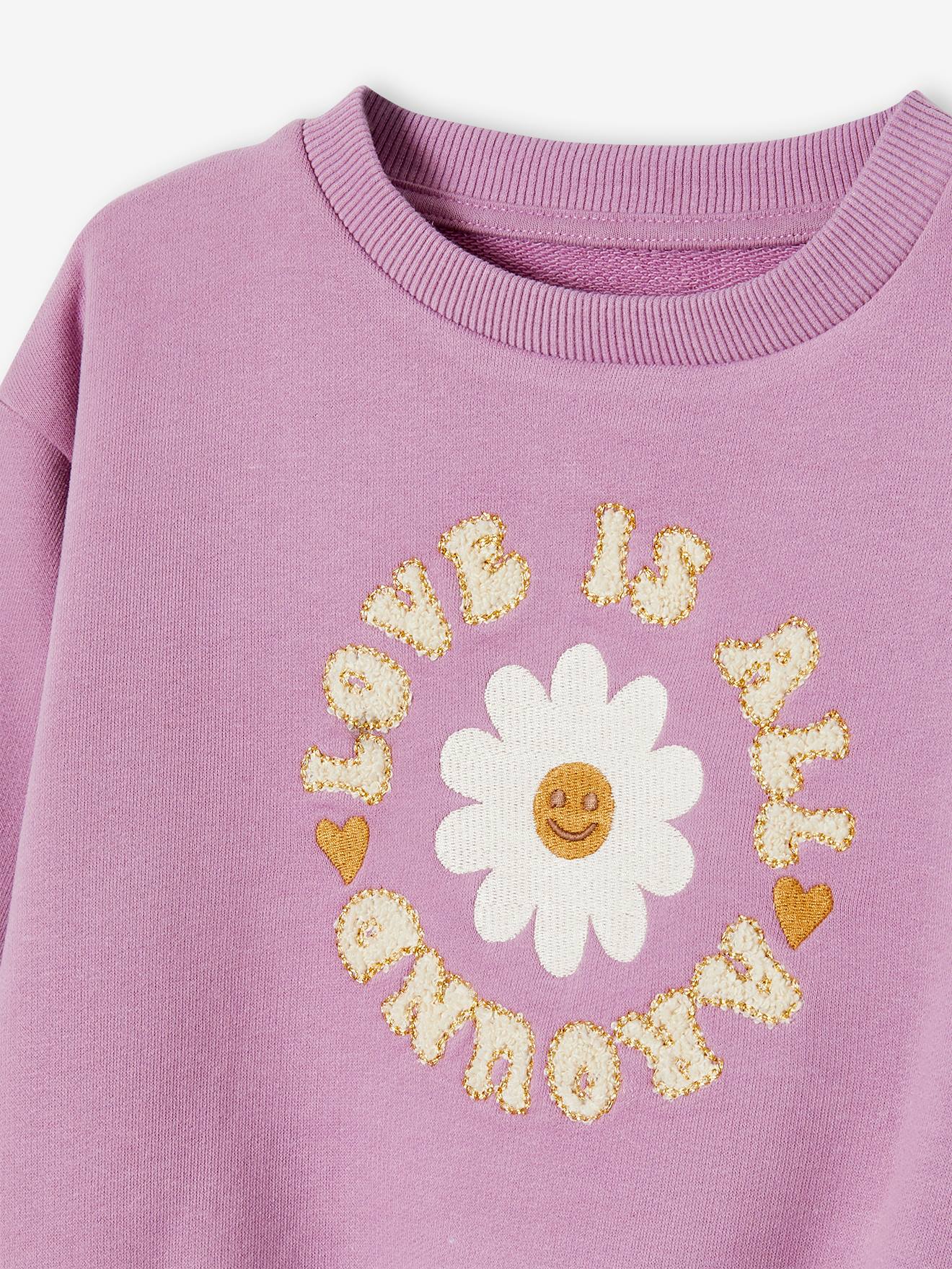 Sweat motif fleur fille animation en bouclettes mauve