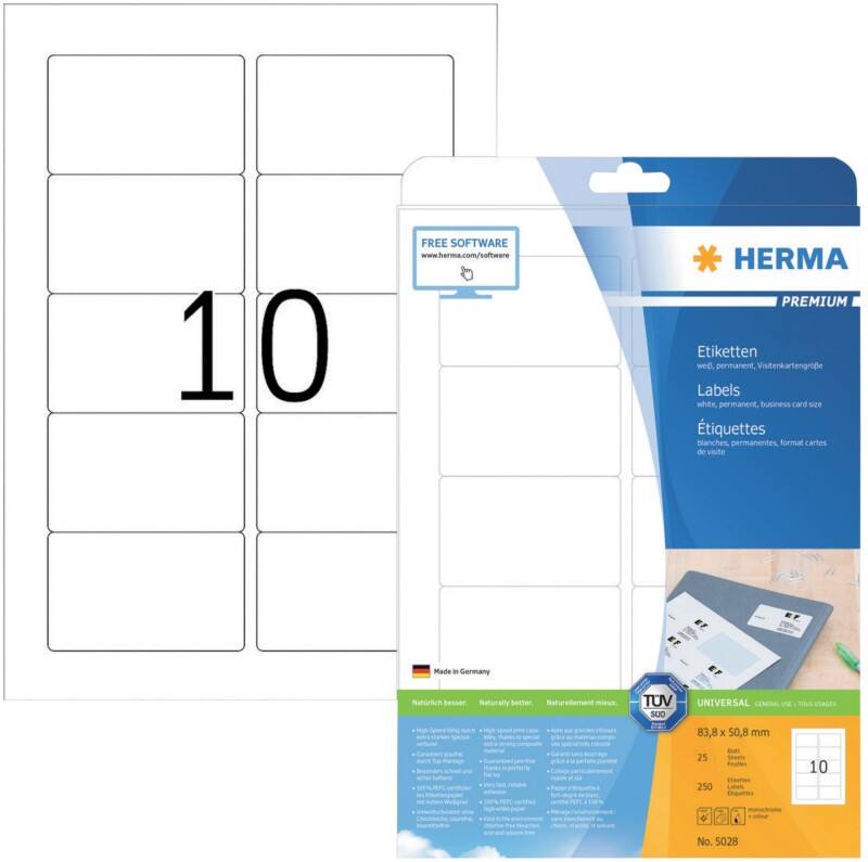 HERMA Universaletiketten 5028 Weiß DIN A4 83,8 x 50,8 mm 25 Blatt à 10 Etiketten