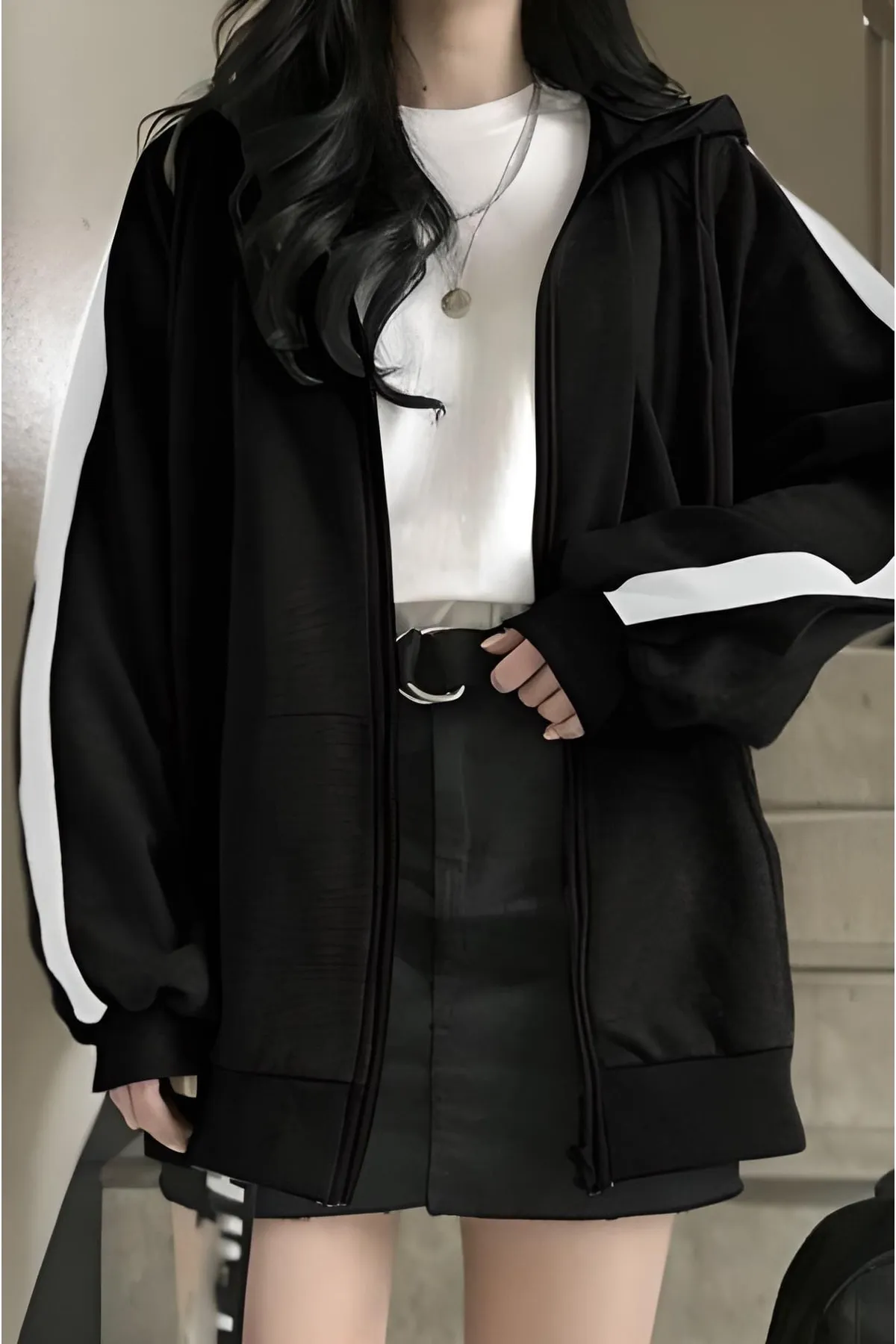 EFBUTİK  Schwarzer Harajuku weiß gestreifter Unisex-Cardigan mit Schal