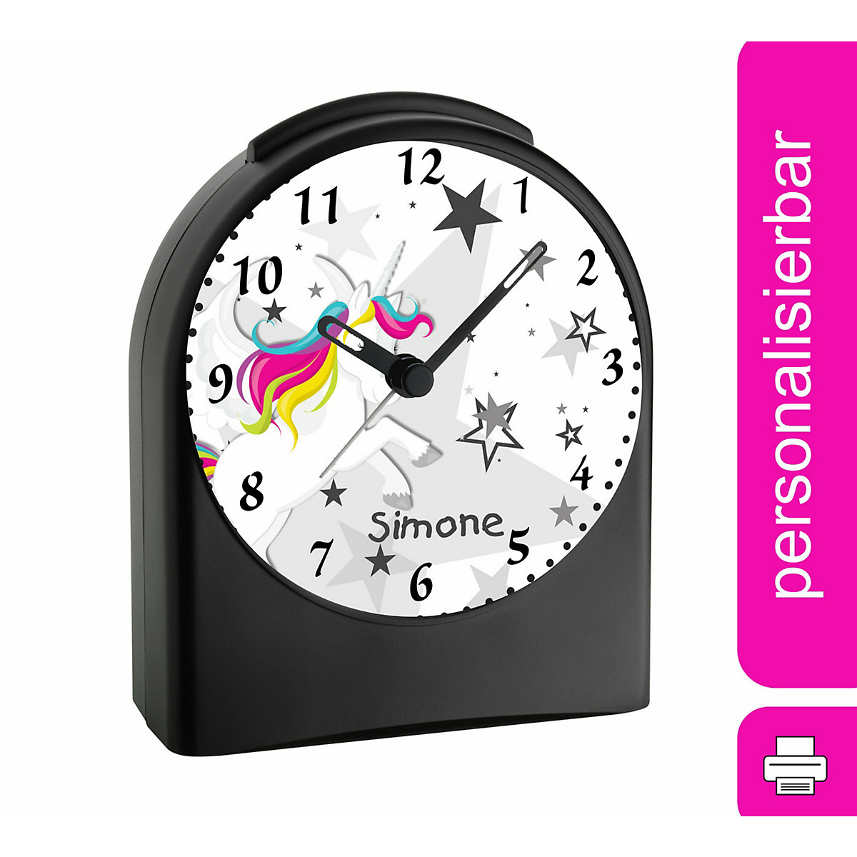 Kinder Funkwecker personalisiert mit Namen Einhorn Atom-/Funkuhr, 12-Stunden-Anzeigeformat, Schlummerfunktion, Nachtlicht, Geräuschlos/Ohne Ticken
