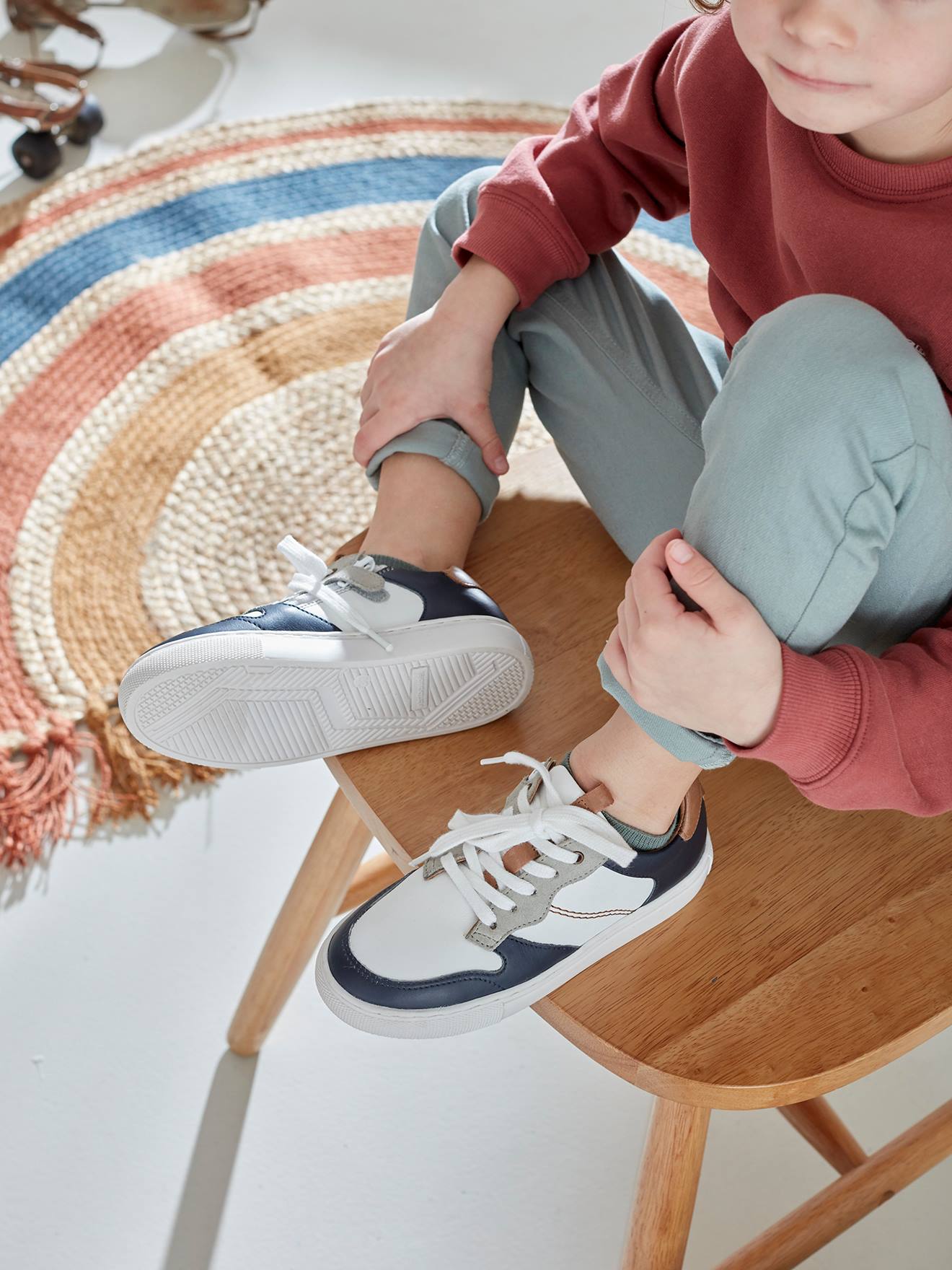 Baskets cuir garçon lacées et zippées bleu marine