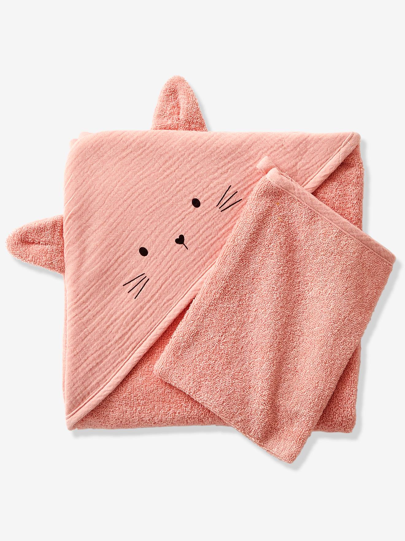 Vertbaudet Bio-Kollektion: Baby Kapuzenbadetuch & Waschhandschuh - senfgelb