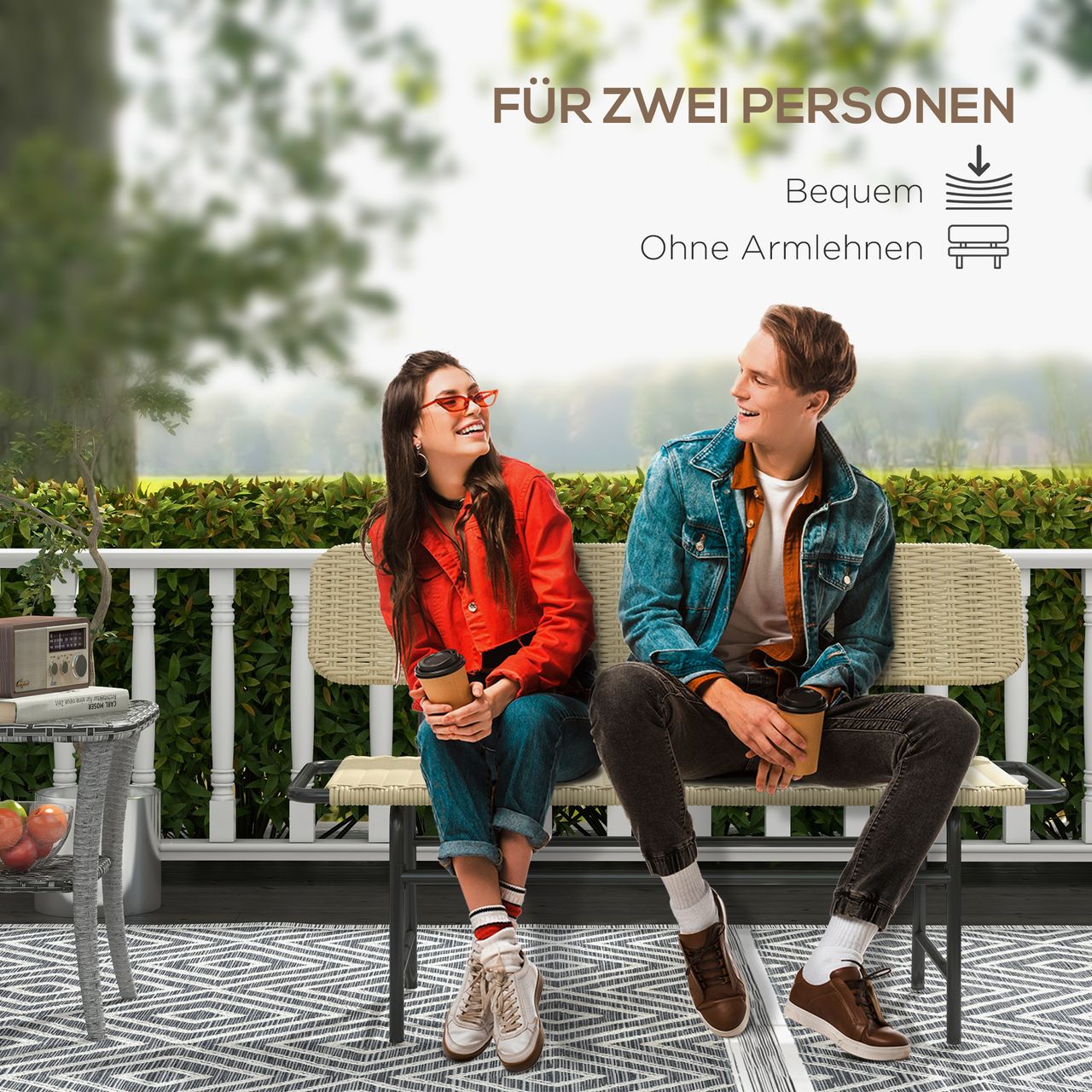 Outsunny Polyrattan Sitzbank 2-Sitzer Gartenbank Rattanbank für Balkon, Khaki