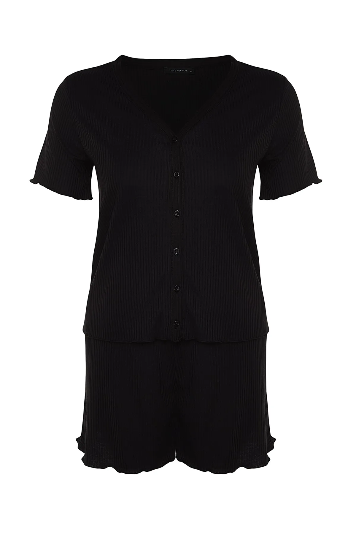 Trendyol Curve  Schwarzes Pyjama-Set aus Strick mit V-Ausschnitt und Knöpfen TBBSS22PT0215