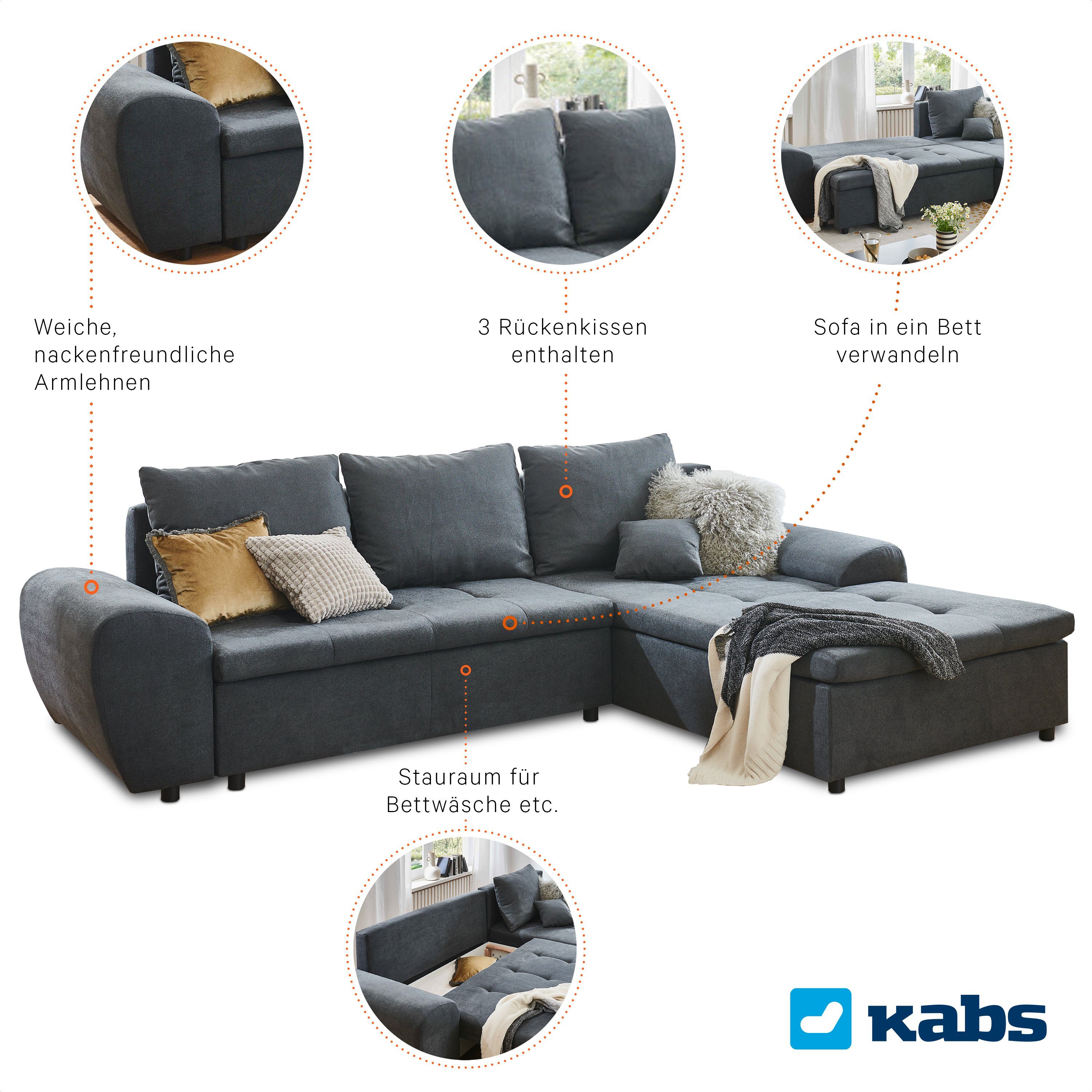 Kabs Polsterwelt Ecksofa Isa, Bettkasten, Schlaffunktion, Stauraum, Zierkissen, Made in Europe
