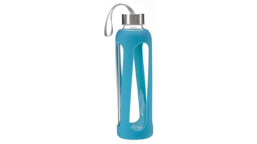 TRENDSHOP Trinkflasche aus Glas mit Silikonmantel 0,6l blue