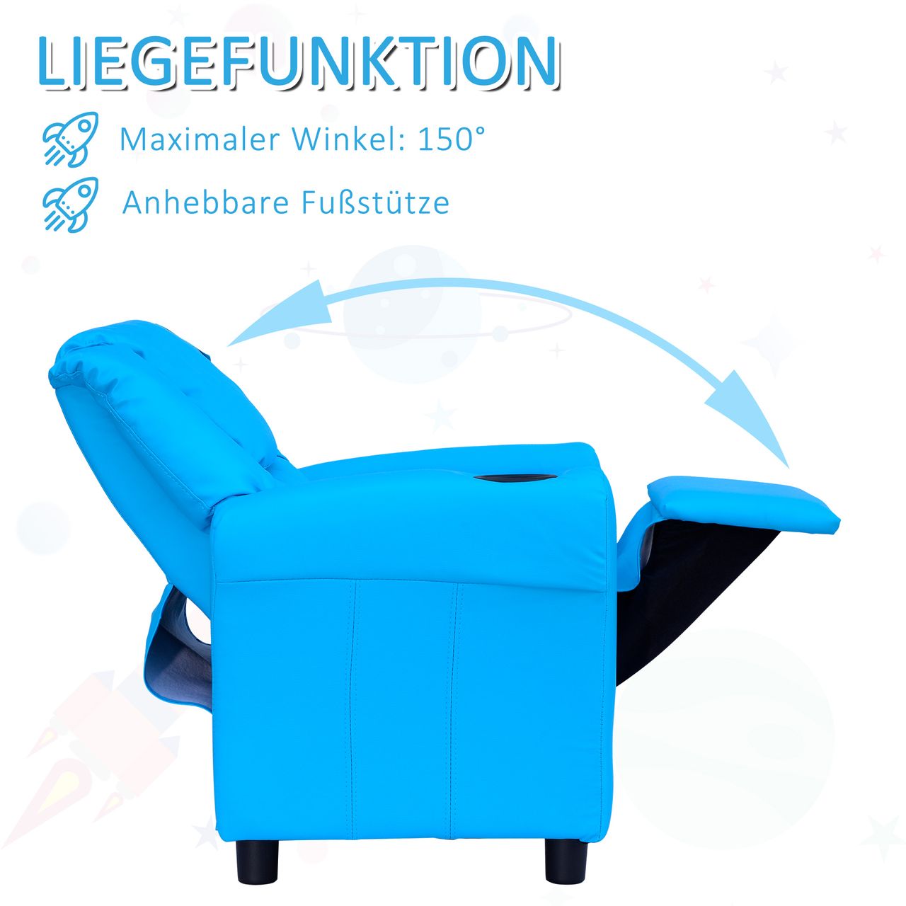 HOMCOM Kindersessel für 3-6 Jahre alt, Liegefunktion, Eingebauten Becherhalter, Blau, 62 x 52 x 69 cm