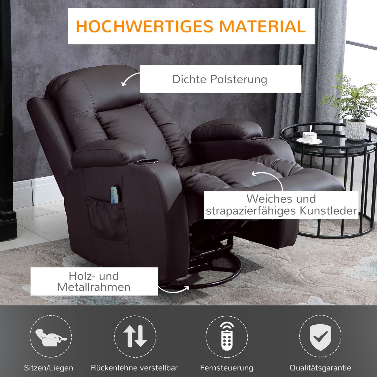 HOMCOM Massagesessel Fernsehsessel Relaxsessel mit Wärmefunktion, Liegefunktion