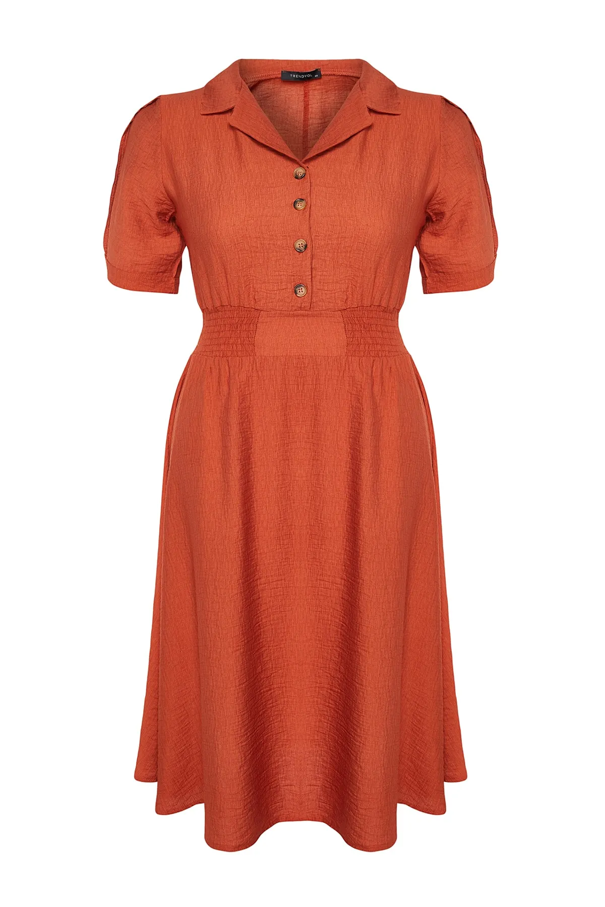Trendyol Curve  Orangefarbenes Kleid mit gewebter elastischer Taille und Knopfdetail TBBSS22EL1563