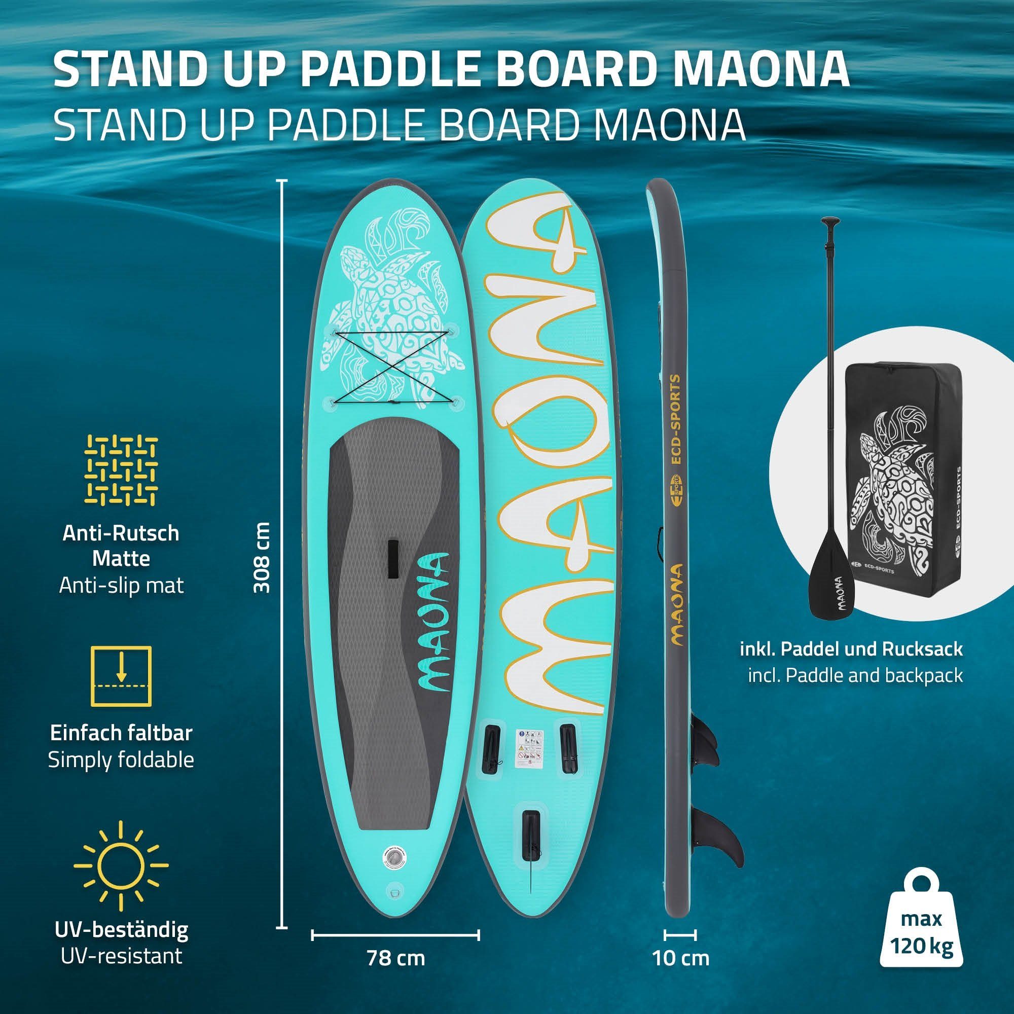 ECD Germany SUP-Board Aufblasbares Stand Up Paddle Board Maona Surfboard, Türkis 308x76x10cm PVC bis 120kg Pumpe Tragetasche Zubehör