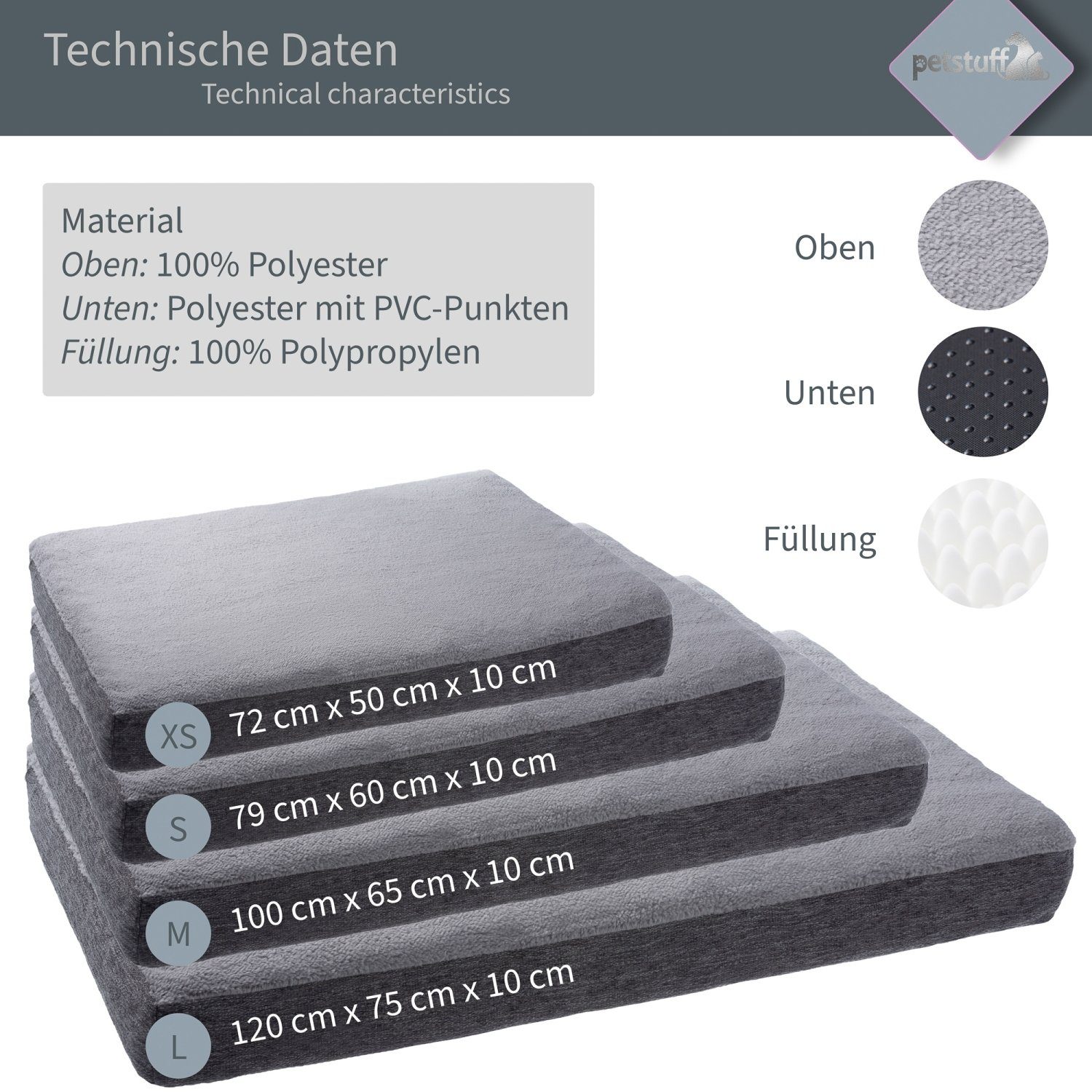 PETSTUFF Tierkissen Hundebett Hundematte Hundekissen Tierkissen, Vlies aus 100% Polyester, Tierbett, Bezug abnehmbar, rutschfest, Farb- und Größenwahl
