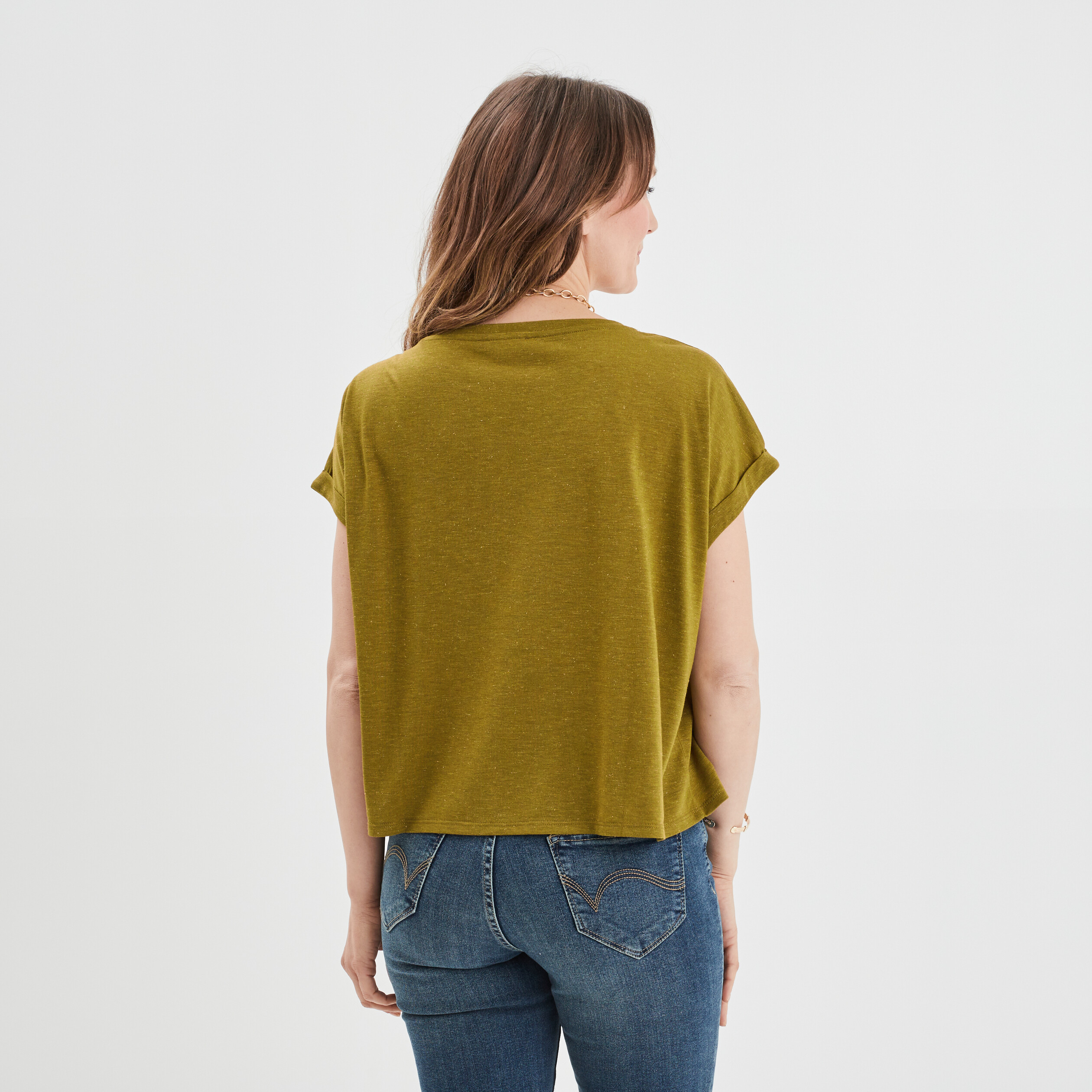 T-shirt manches courtes fils métallisés vert olive femme | La Halle
