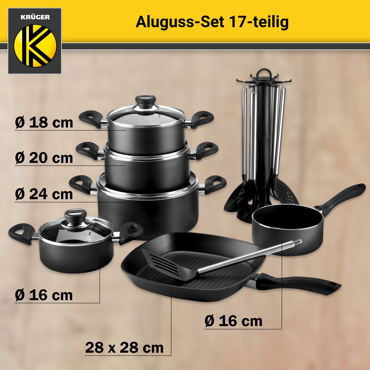 Karl Krüger Aluguss Set 17 tlg., schwarz