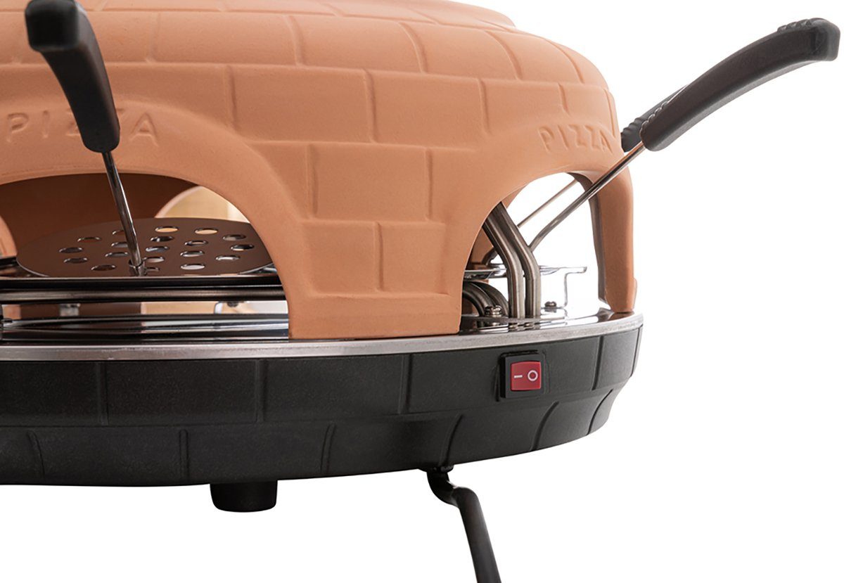 Heidenfeld Pizzaofen Mini Pizzaofen Pizzachef für 6 Personen inkl. Pizzaschieber Raclette, 1100 W Pizzamaker - Dual-M-Heizstab - Abdeckung Terracotta Pizza Ofen