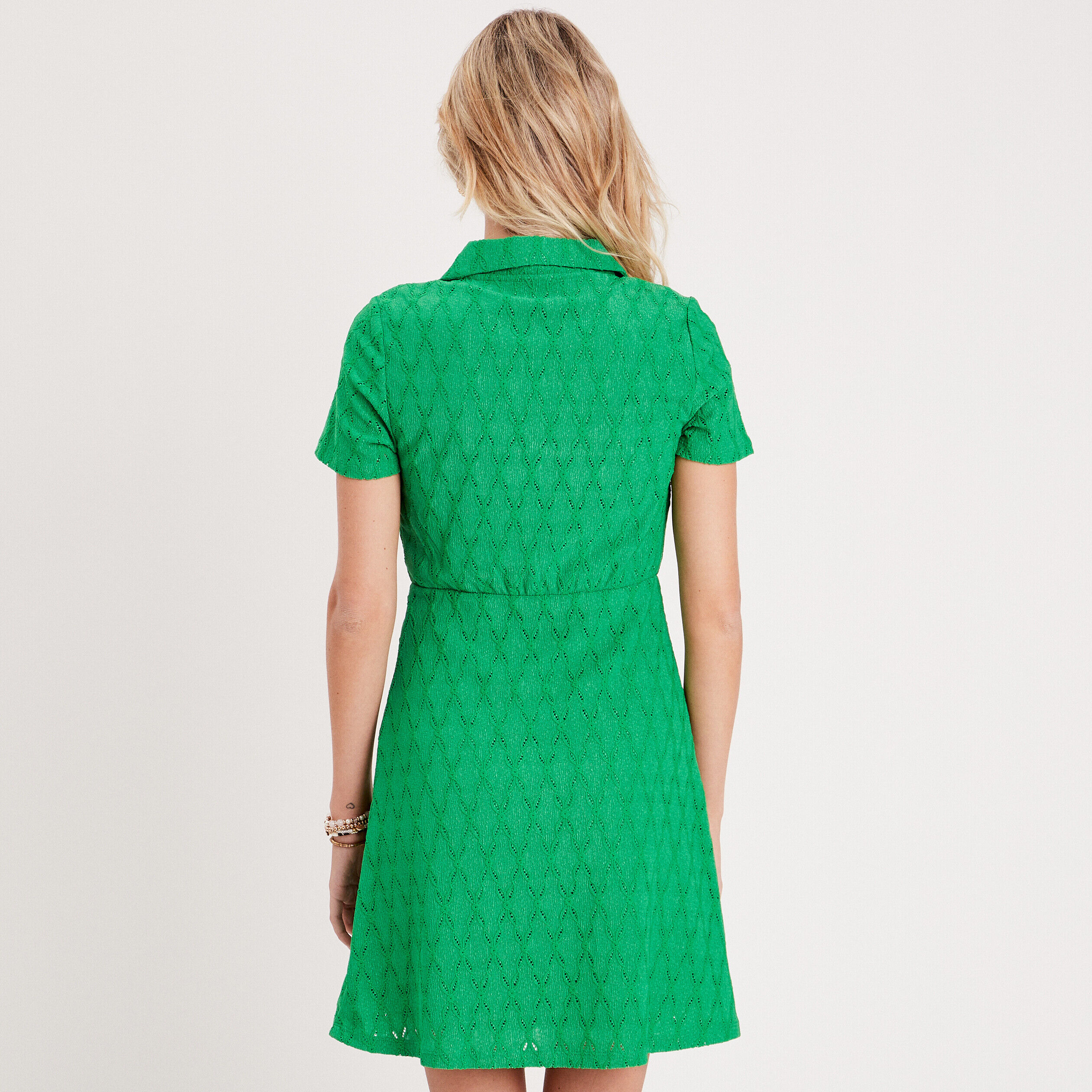 Robe évasée ajourée col polo vert femme | Cache Cache