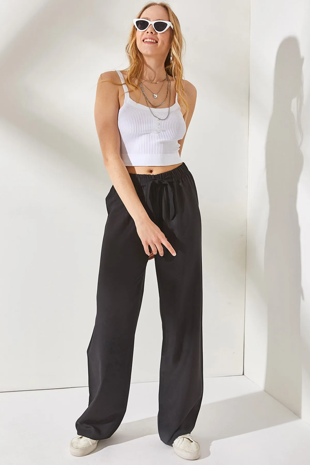 Olalook  Schwarze Palazzo-Leinenhose mit elastischem Bund und Schnürung für Damen PNT-19000219