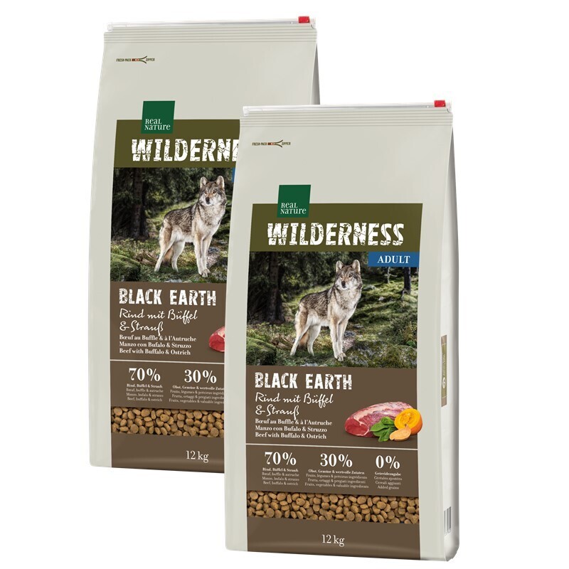 REAL NATURE Hundetrockenfutter REAL NATURE WILDERNESS Black Earth Rind & Büffel 2x12 kg
