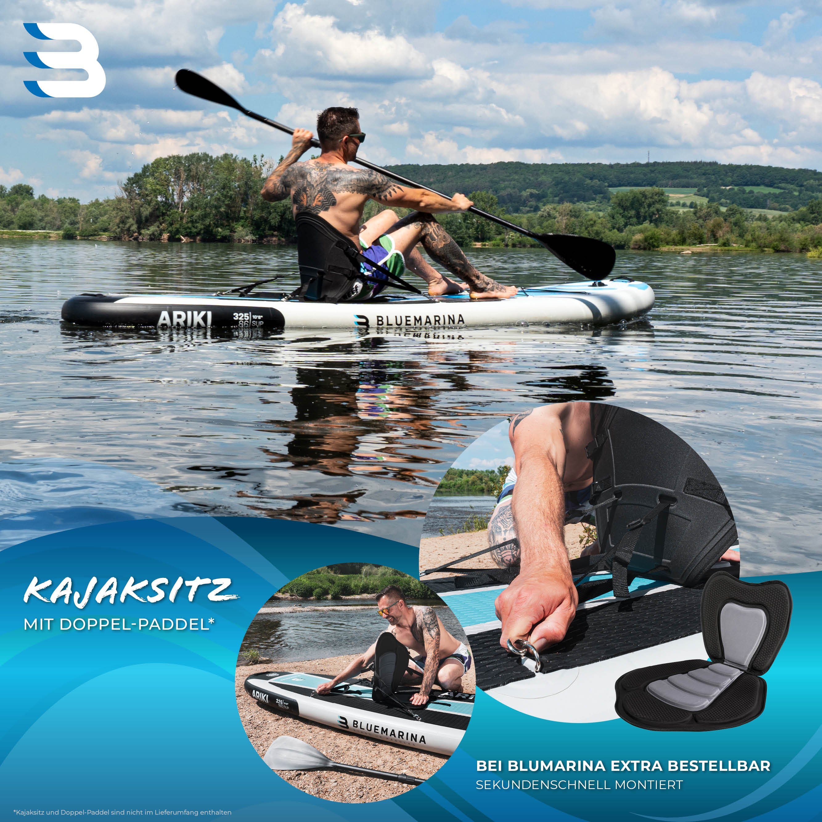 Bluemarina SUP-Board Aufblasbares Bluemarina SUP Board Ariki inkl. 5 J. Garantie, Stand Up Paddle Board, (10 - 15 cm dick, PVC, max 140 kg), Paddling board, Paddelboard, Surfboard, (Kinder/Erwachsene bis 90 kg - 3-Finnen - Action-Cam-Halterung, UV Re