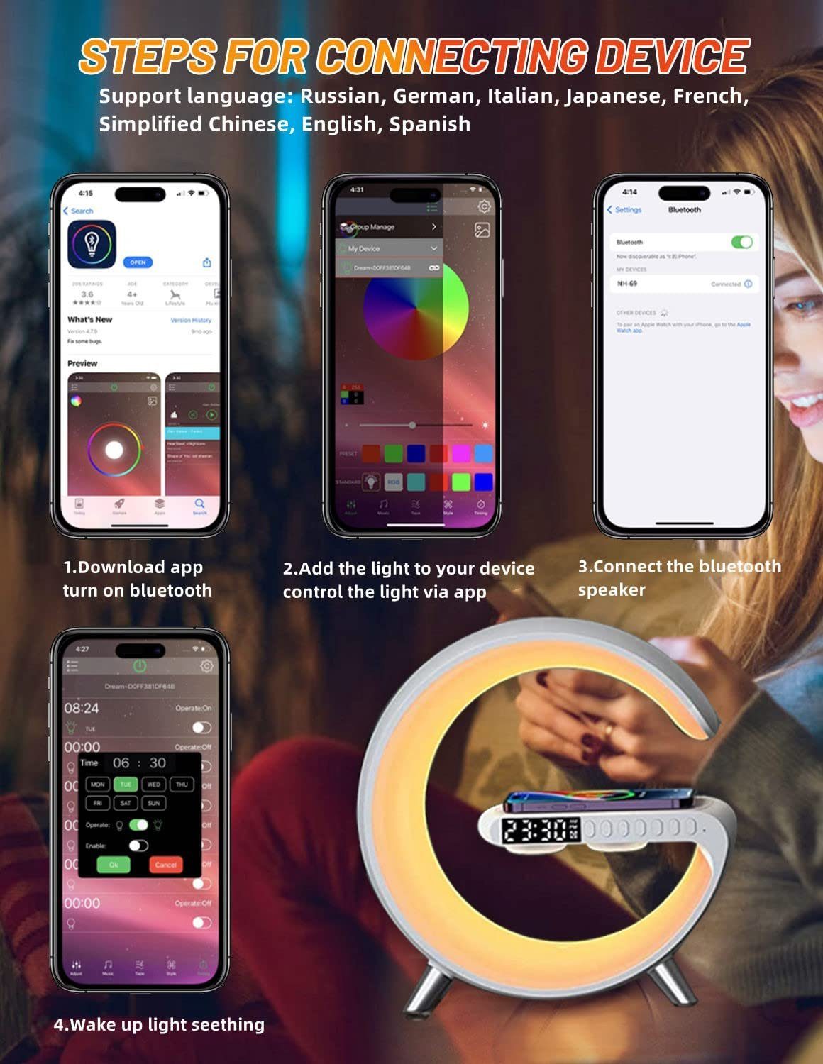 Hikeren Wecker Wake up Light mit Kabelloser Ladefunktion Dimmbar Bluetooth Lautsprecher