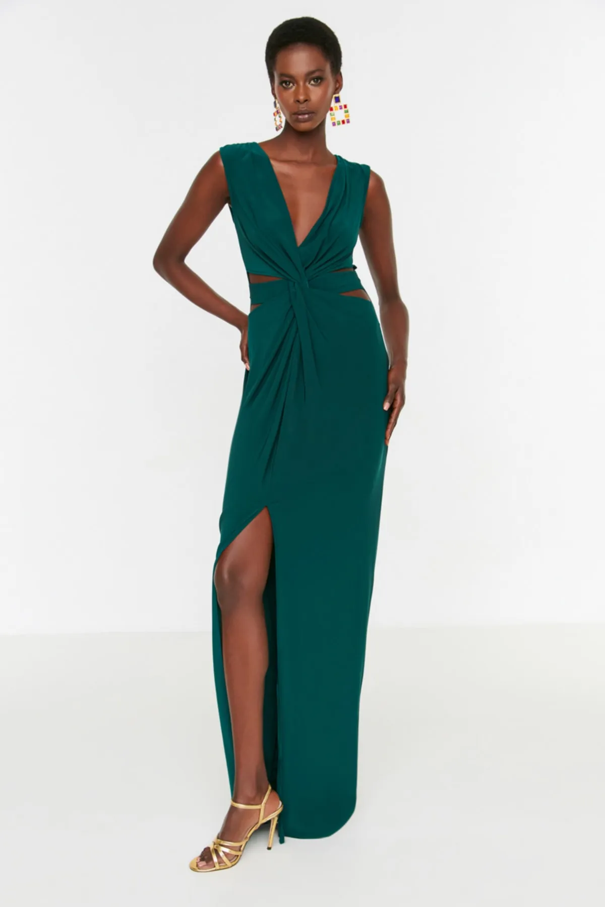 Trendyol Collection  Smaragdgrünes langes Abendkleid mit Taillendetail TPRSS22AE0040