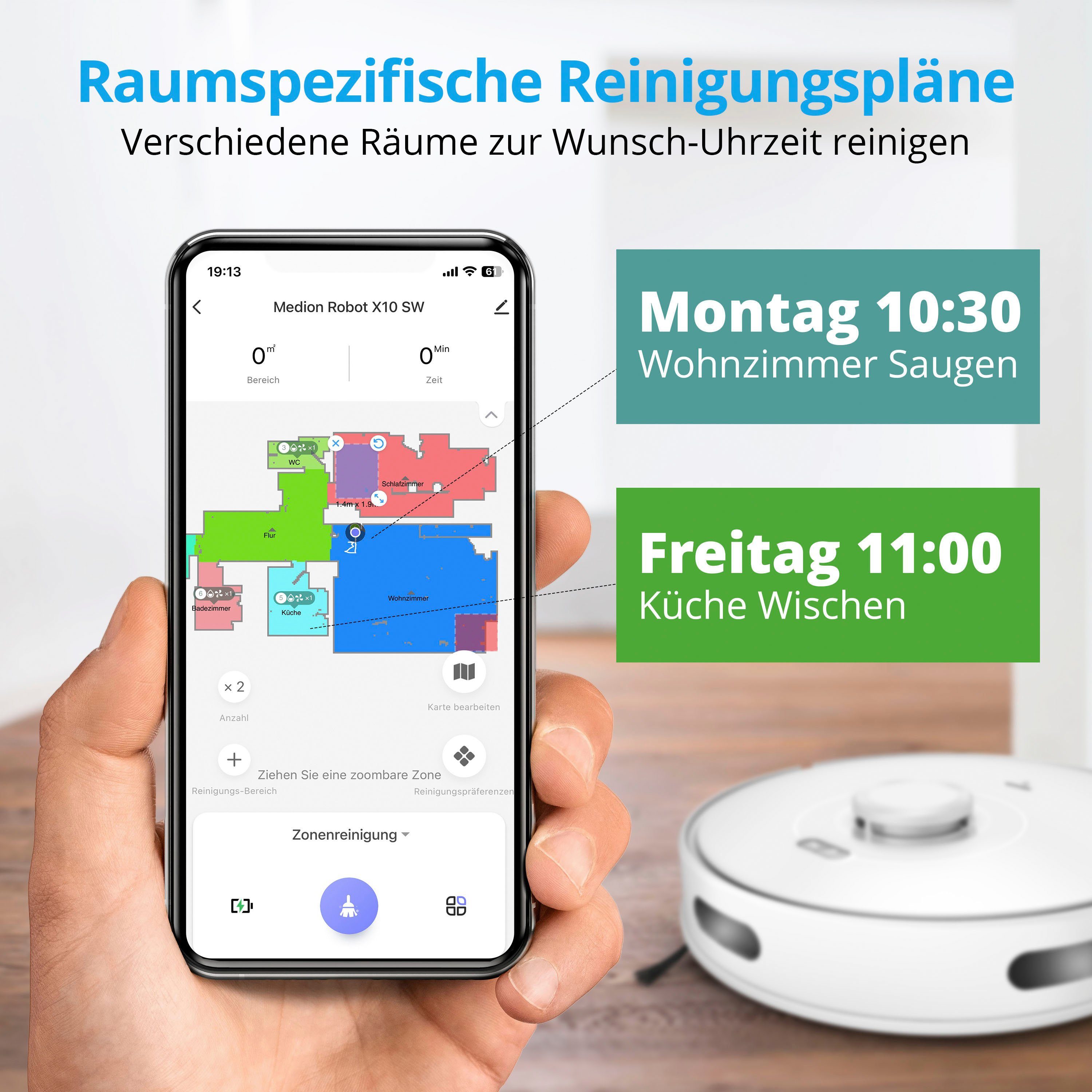 Medion® Saugroboter X10 SW, mit Lasernavigation und Wischfunktion, 20 W, 2.700Pa Saugkraft, 2in1 Roboterstaubsauger, präzise Kartenerstellung