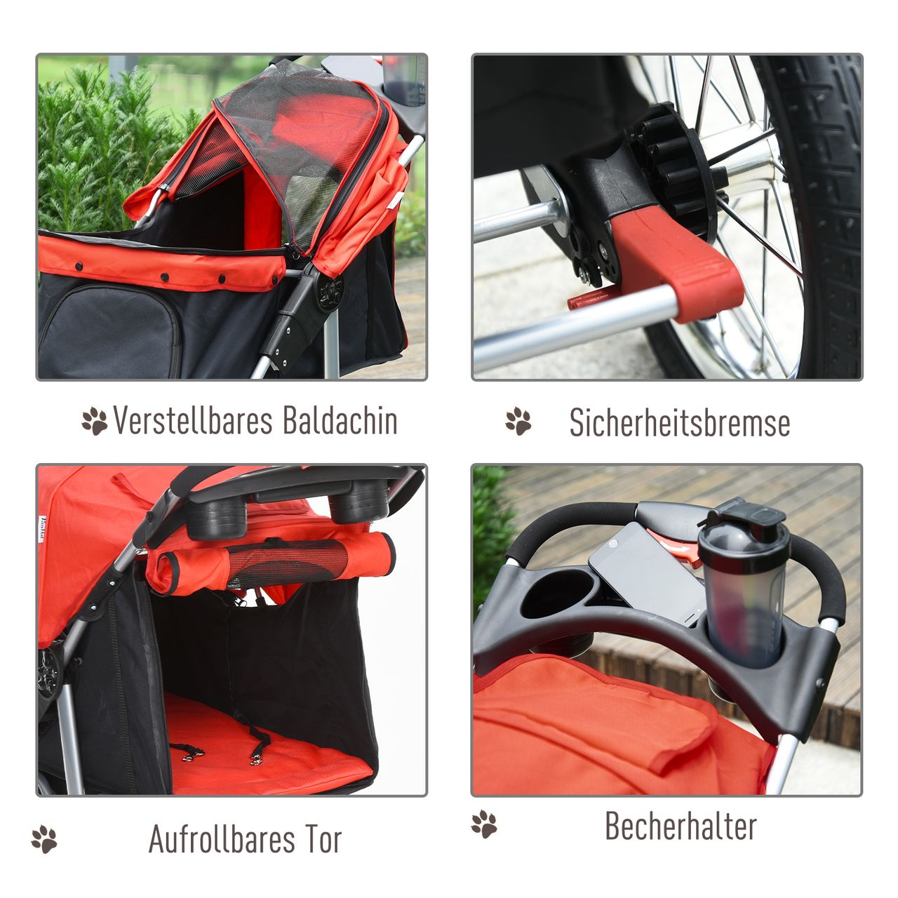 PawHut Hundewagen Hundebuggy Katzen Pet Stroller mit 3 Rädern klappbar Rot
