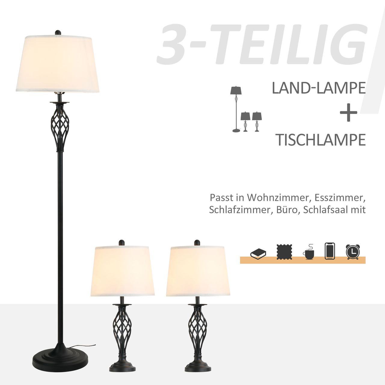HOMCOM 3er-Lampenset 2 Tischlampe(ø38 x 158 cm)   1 Stehlampe(ø30 x 62 cm) Weiß