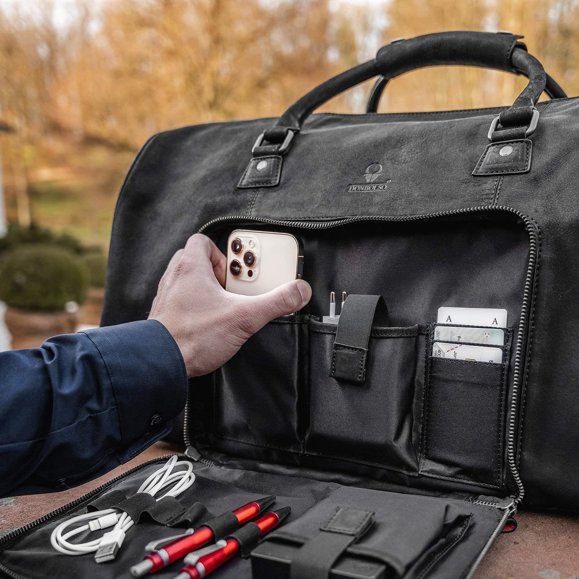 Donbolso Weekender Weekender Neapel, Herren, Leder, Schwarz, Größe L, 40L, Handgepäck, Schwarz L Leder