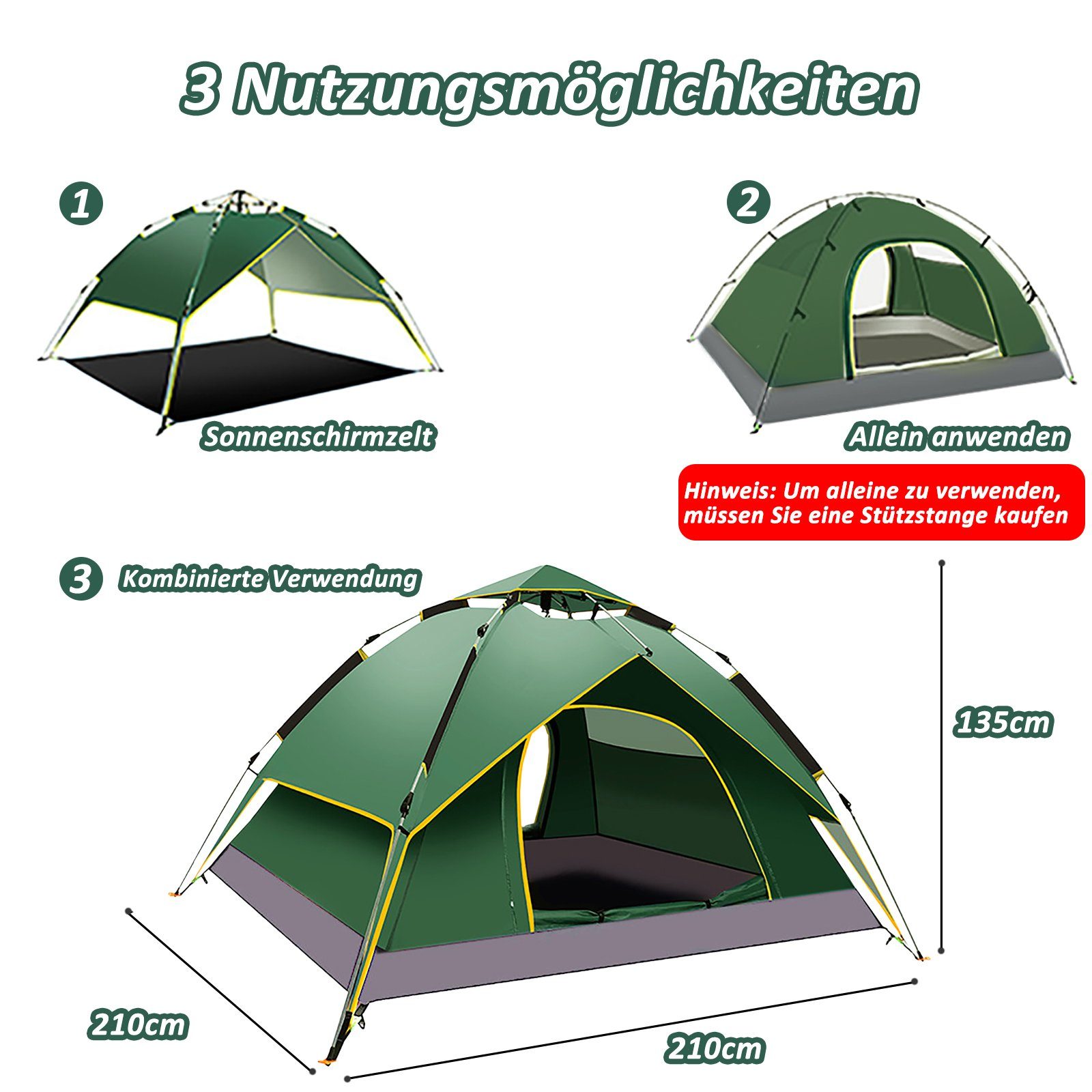 CALIYO Kuppelzelt 2-3 Personen Pop Up Zelt Camping Zelt Automatisches Sofortzelt, (1 tlg), Doppelschicht Winddichte Ultraleichte Kuppelzelt UV Schutz