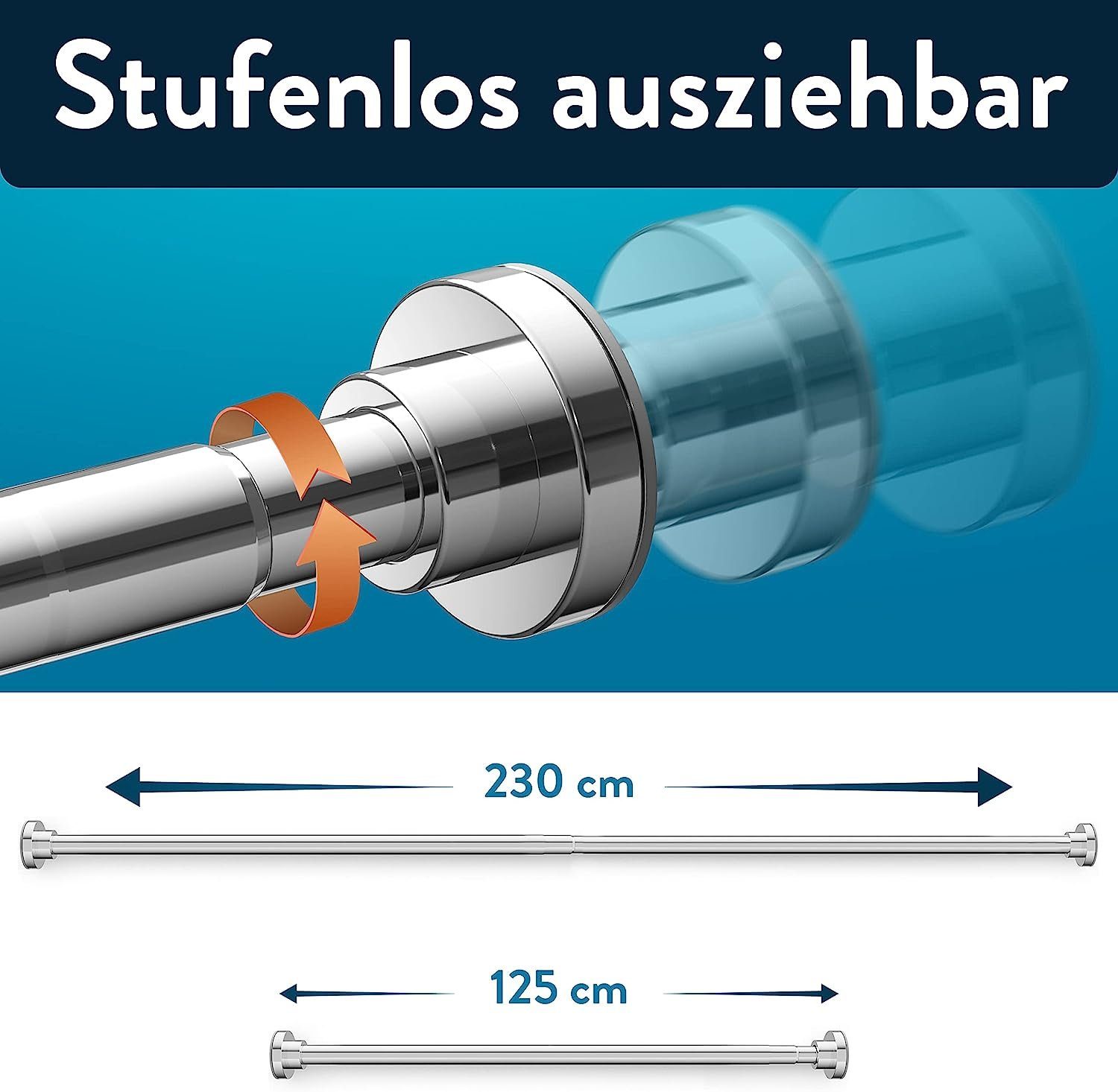 Duschvorhangstange ohne bohren verstellbar 125-220 cm, Benkstein, geklemmt, Passt in jedes Badezimmer - inkl. 12 Duschringe