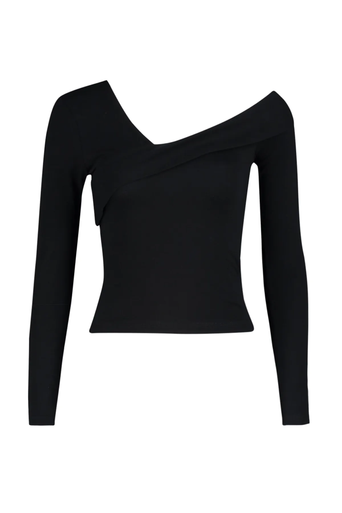 Trendyol Collection  Schwarze, eng anliegende, kurze Strickbluse aus Baumwolle mit dehnbarem Volant TWOAW24BZ00161