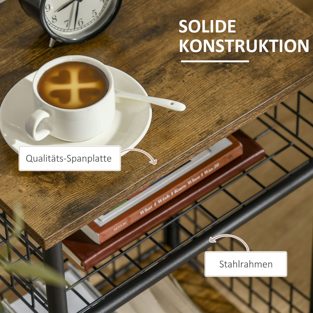 HOMCOM Küchenwagen Servierwagen mit Arbeitsplatte und 2 Aufbewahrungskörben Beistellwagen mit 360°-Lenkrollen Küchentrolley Aufbewahrungswagen Spanplatte Rustikal-Braun 40 x 30 x 62 cm