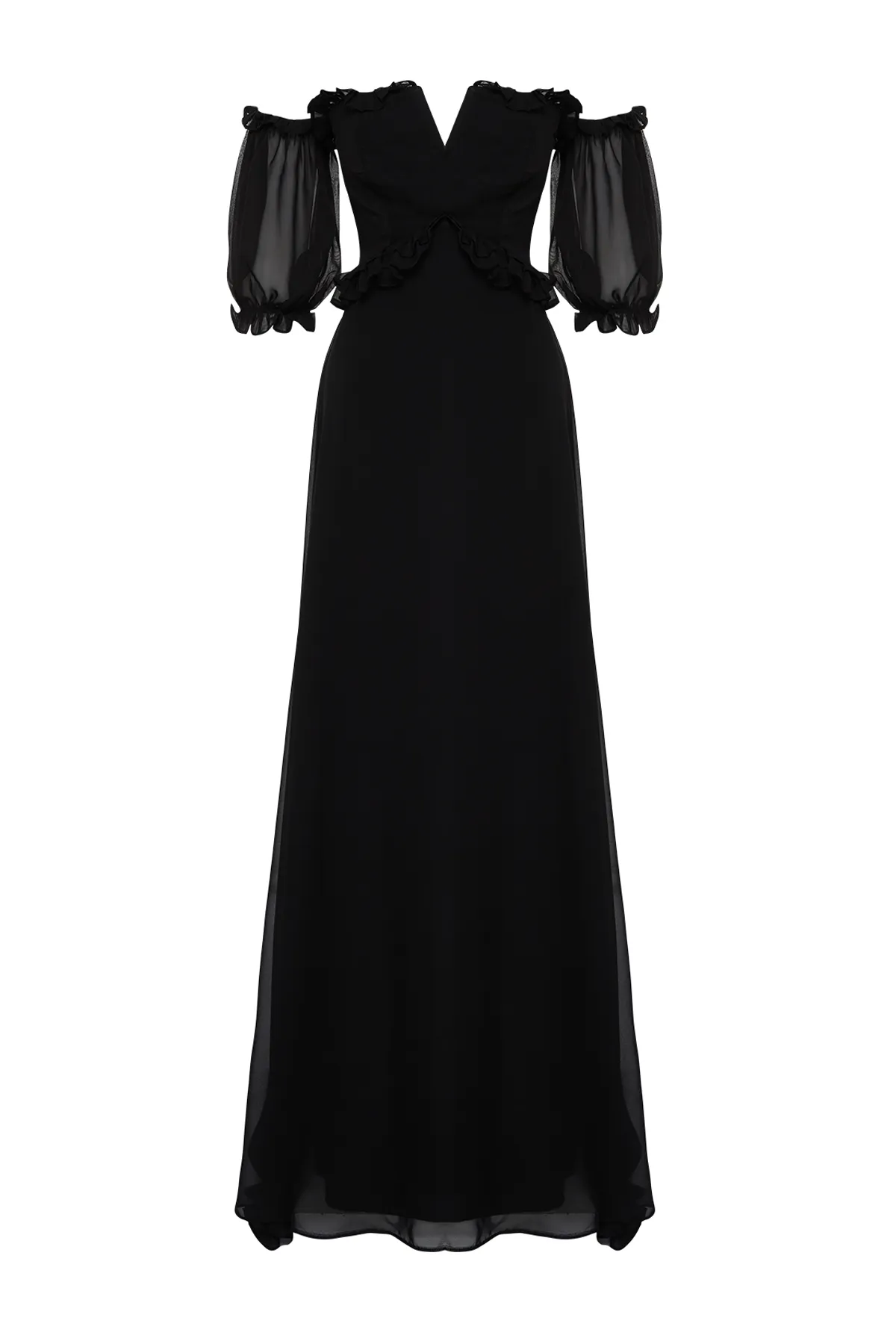 Trendyol Collection  Schwarzes, gefüttertes, langes Abendkleid aus Chiffon TPRSS22AE00047