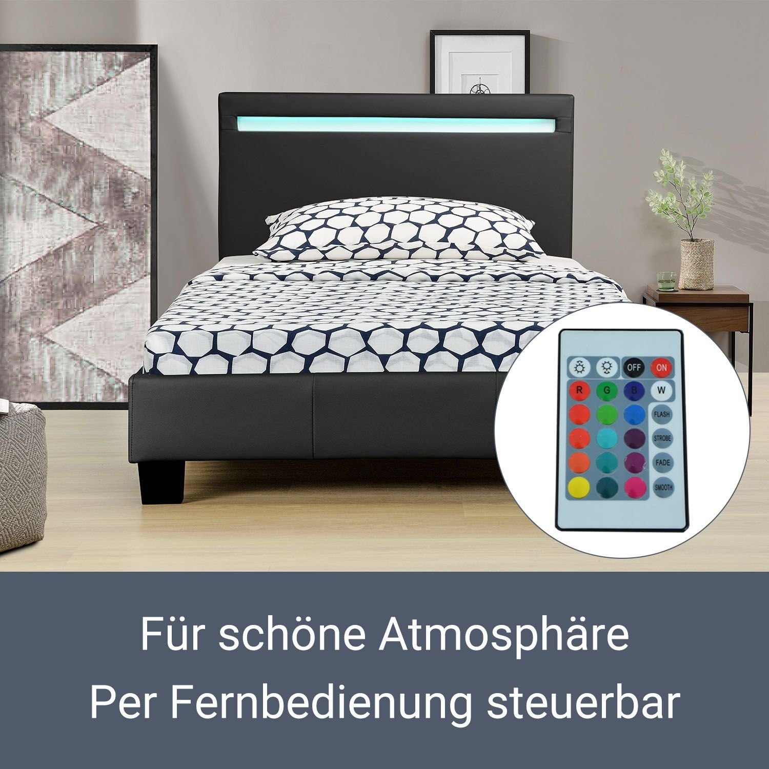 Juskys Polsterbett Verona, hohes Kopfteil, robustes Bettgestell, Lattenrost