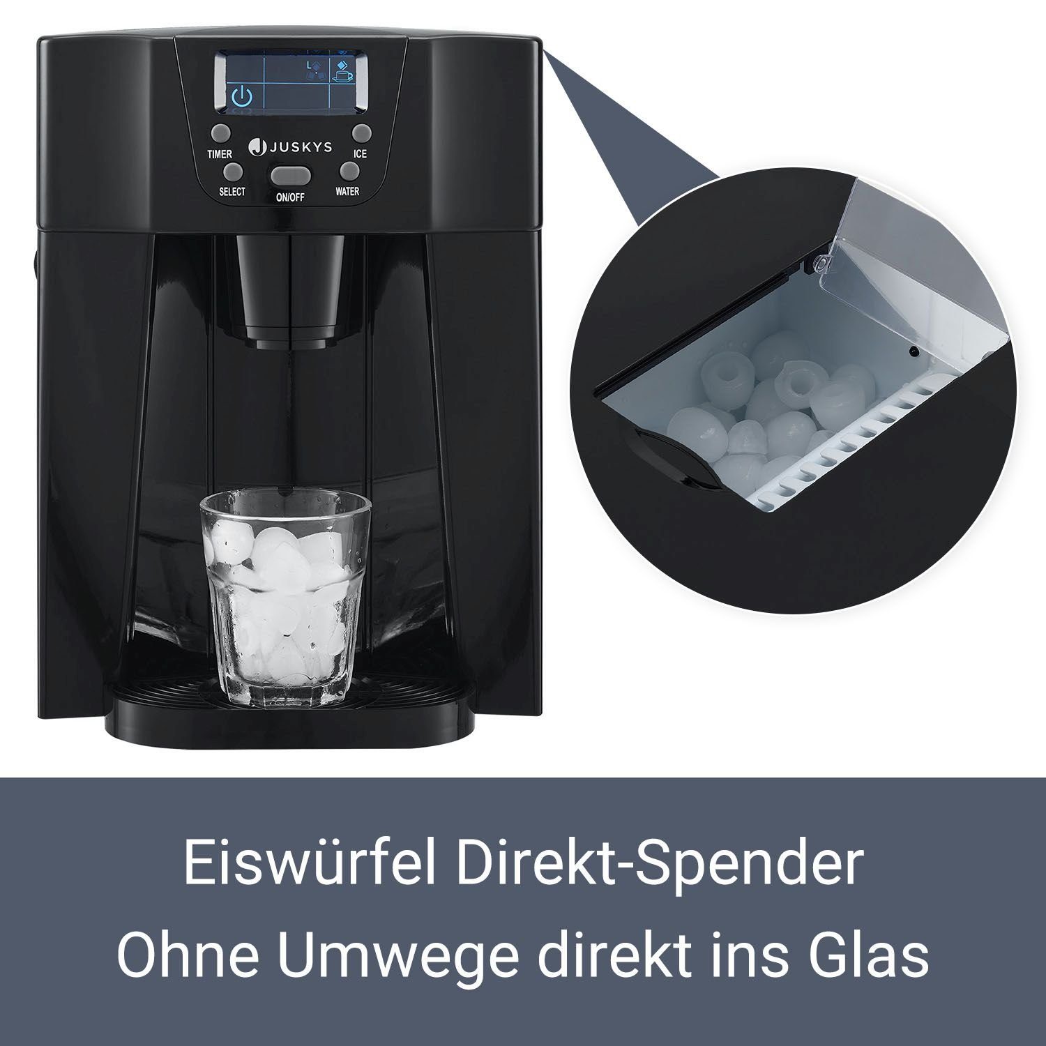 Juskys Eiswürfelmaschine PIM200L, Eiswürfel in 6 - 10 min, 12 kg in 24 h, Timer und Kaltwasserausgabe