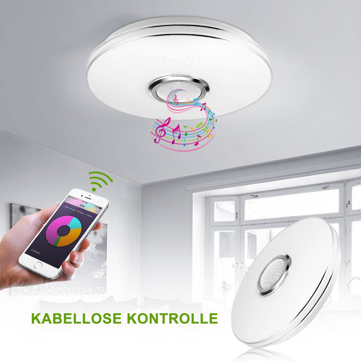 oyajia Deckenleuchte LED Deckenlampe mit Bluetooth Lautsprecher, RGB Dimmbar, LED fest integriert, RGB/Kaltweiß/Naturweiß/Warmweiß, Dimmbar mit Fernbedienung oder APP, für Schlafzimmer Küche Wohnzimmer
