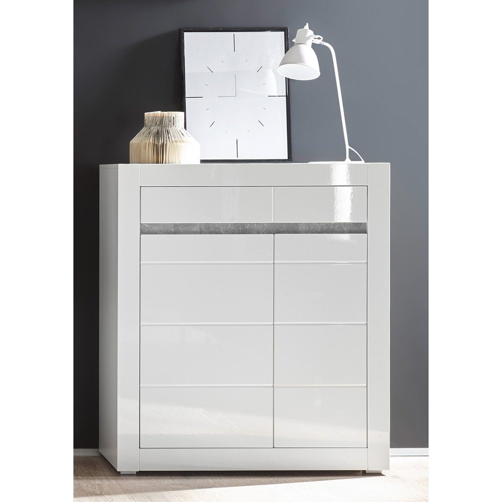 Lomadox Wohnzimmer-Set COGO-61, (Mega-Spar-Set, 4-tlg), mit LED in Hochglanz weiß und Griffmulden Betonoptik : 265x135x42cm