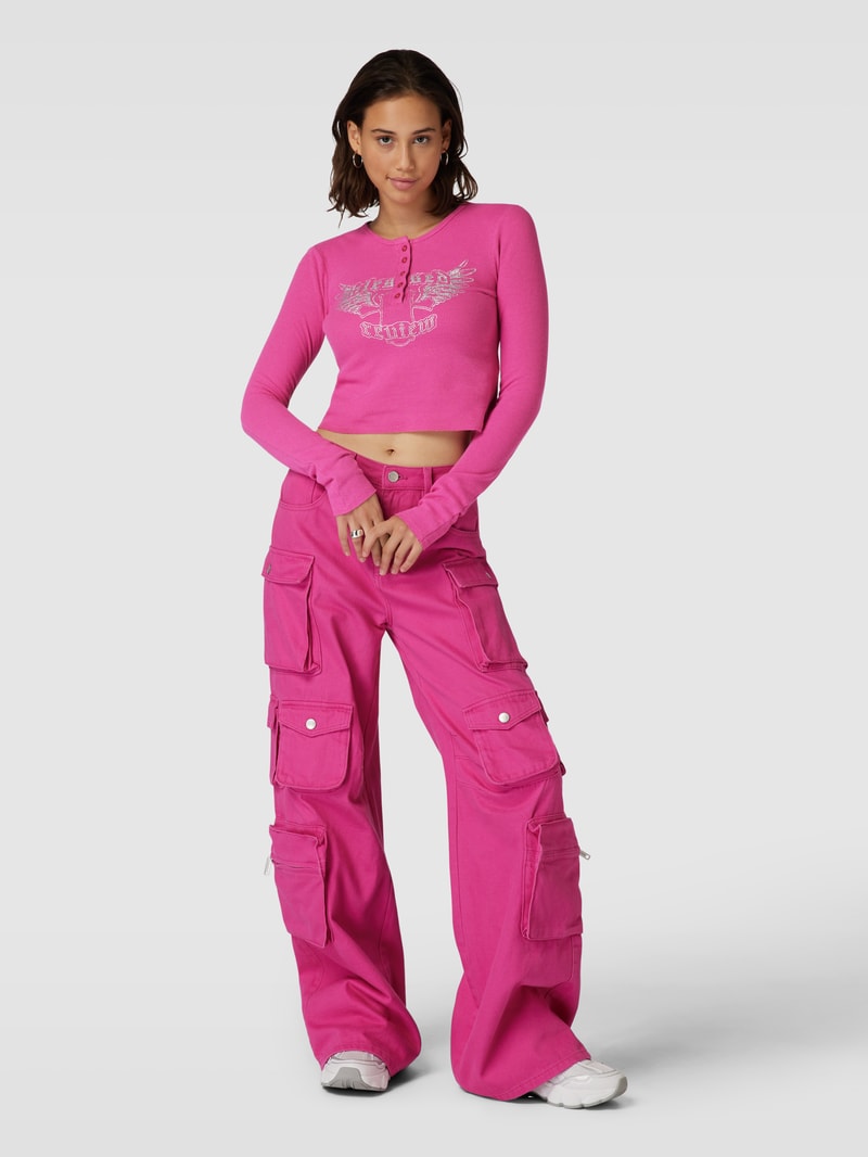 Longsleeve mit Statement-Print Modell 'HENLEY WAFFLE' in fuchsia