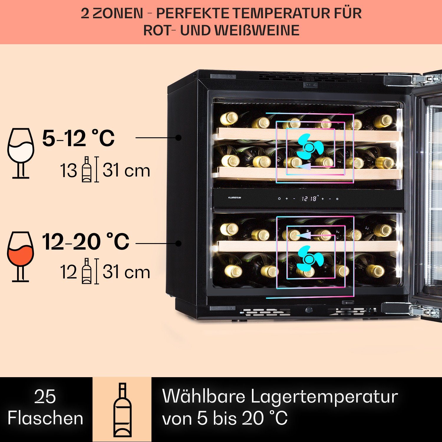 Klarstein Weinkühlschrank Rhône 25 Duo, für 25 Standardflaschen á 0,75l,Wein Flaschenkühlschrank Weintemperierschrank Weinschrank Kühlschrank