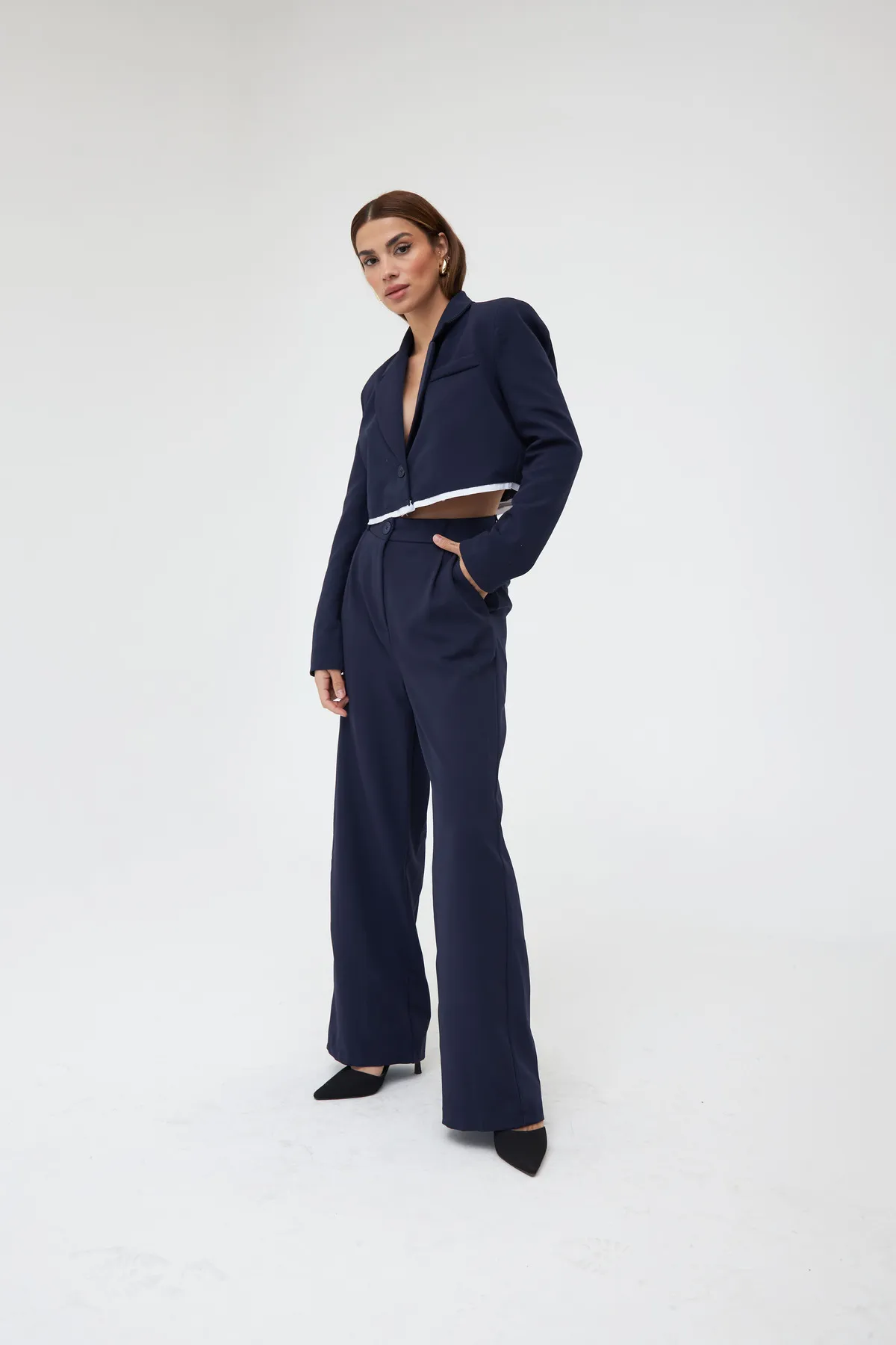 Laluvia  Marineblaues Palazzo-Set mit kurzem Jackett