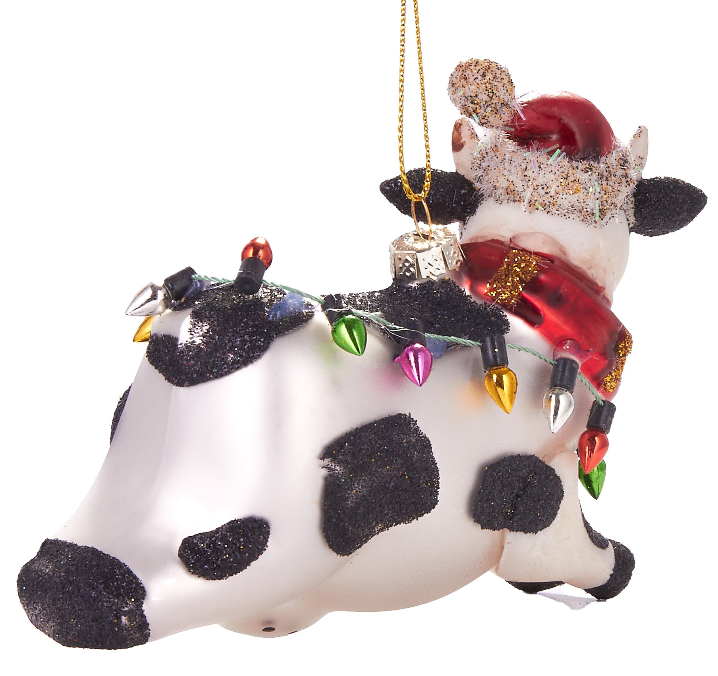 BRUBAKER Christbaumschmuck Kunstvolle Weihnachtskugel Kuh mit Lichterketten, mundgeblasene Weihnachtsdekoration aus Glas, handbemalt - 11 cm