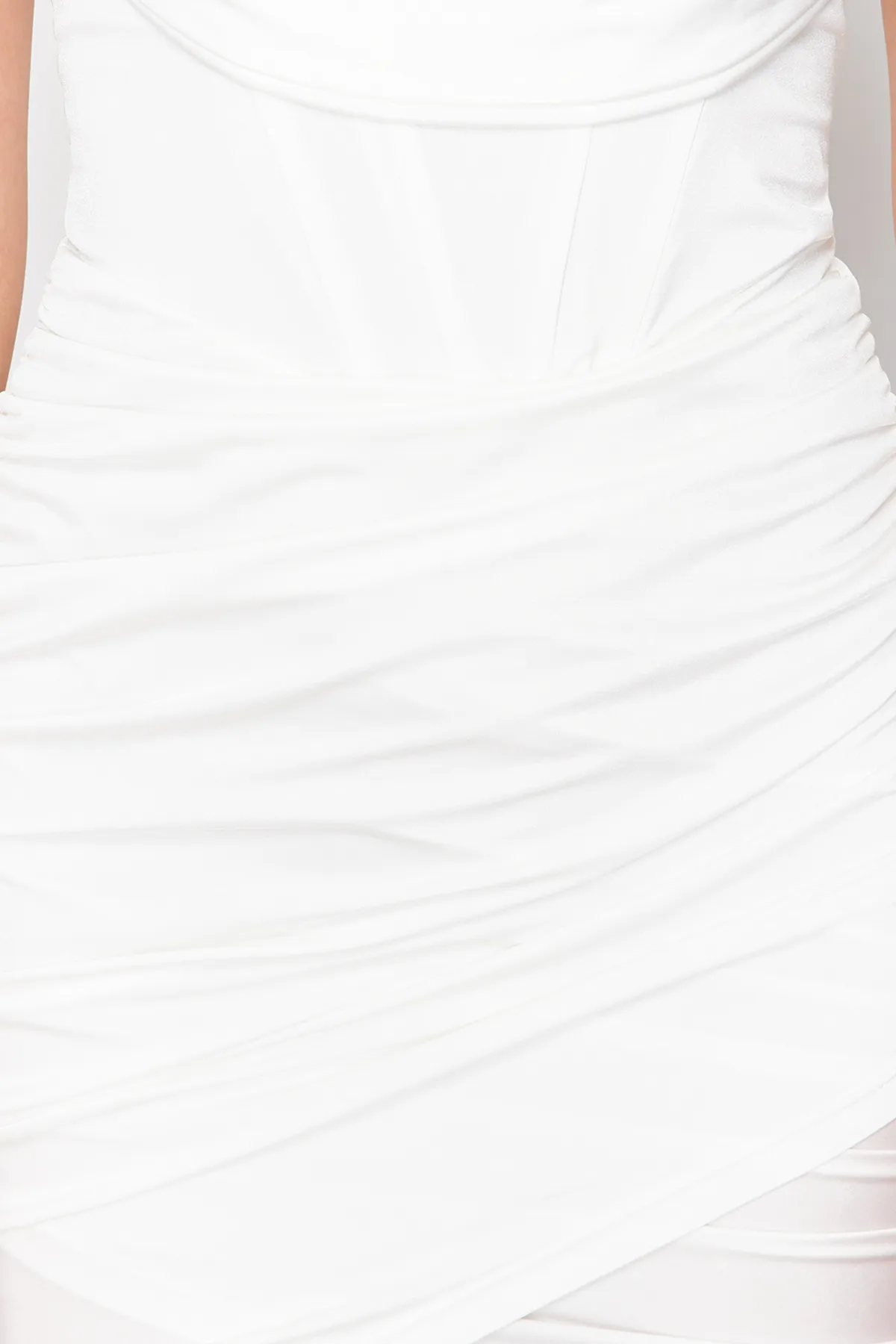 Trendyol Collection  Weißes, figurbetontes, gefüttertes Strick-Korsett-Detailkleid für Hochzeiten/Abendkleider TPRSS23EL00174